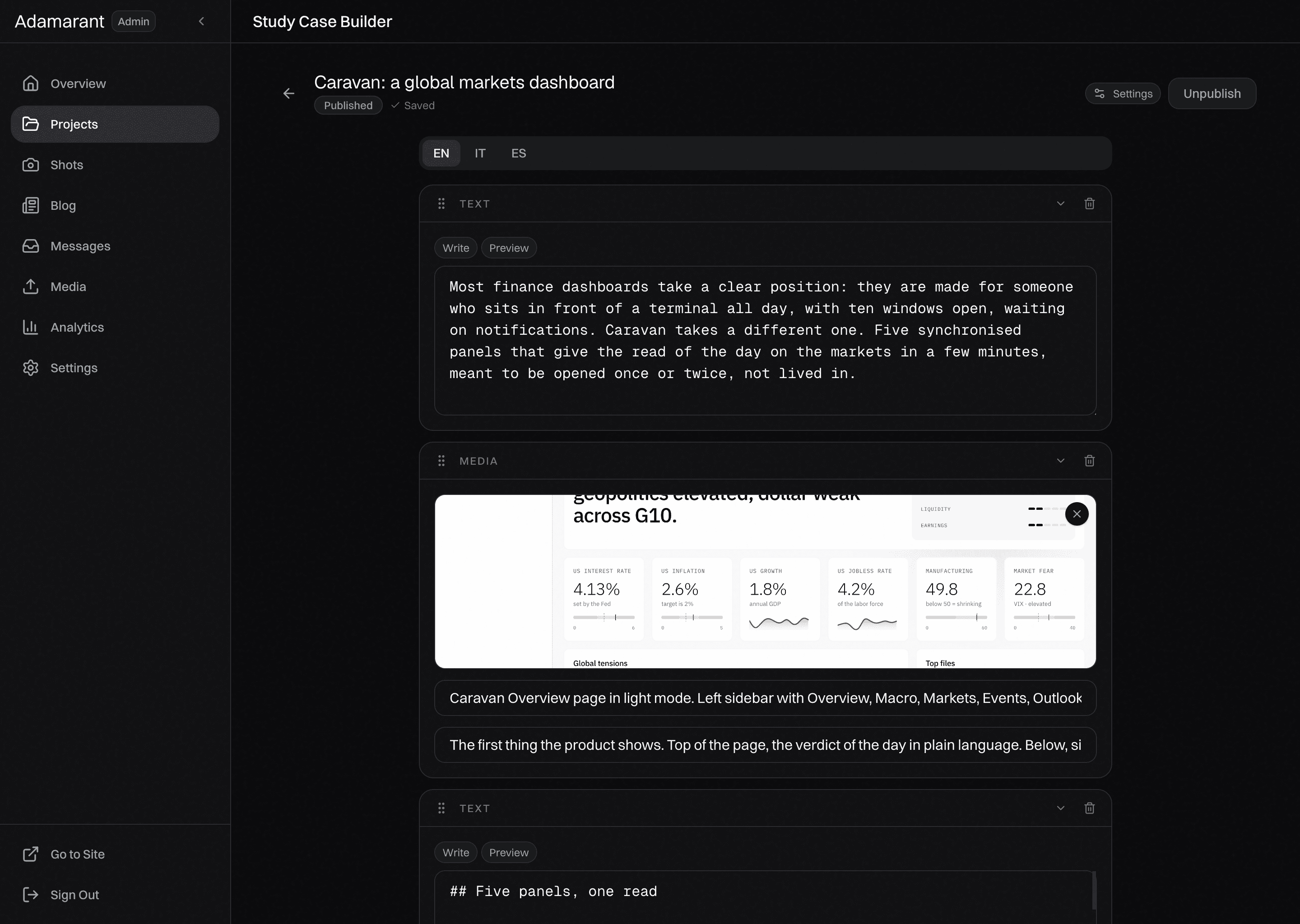 Admin case study editor. Top bar with the case study title and a Published badge, locale tabs (EN, IT, ES), and a stack of editable blocks below. Each block has a delete affordance and a collapse toggle.