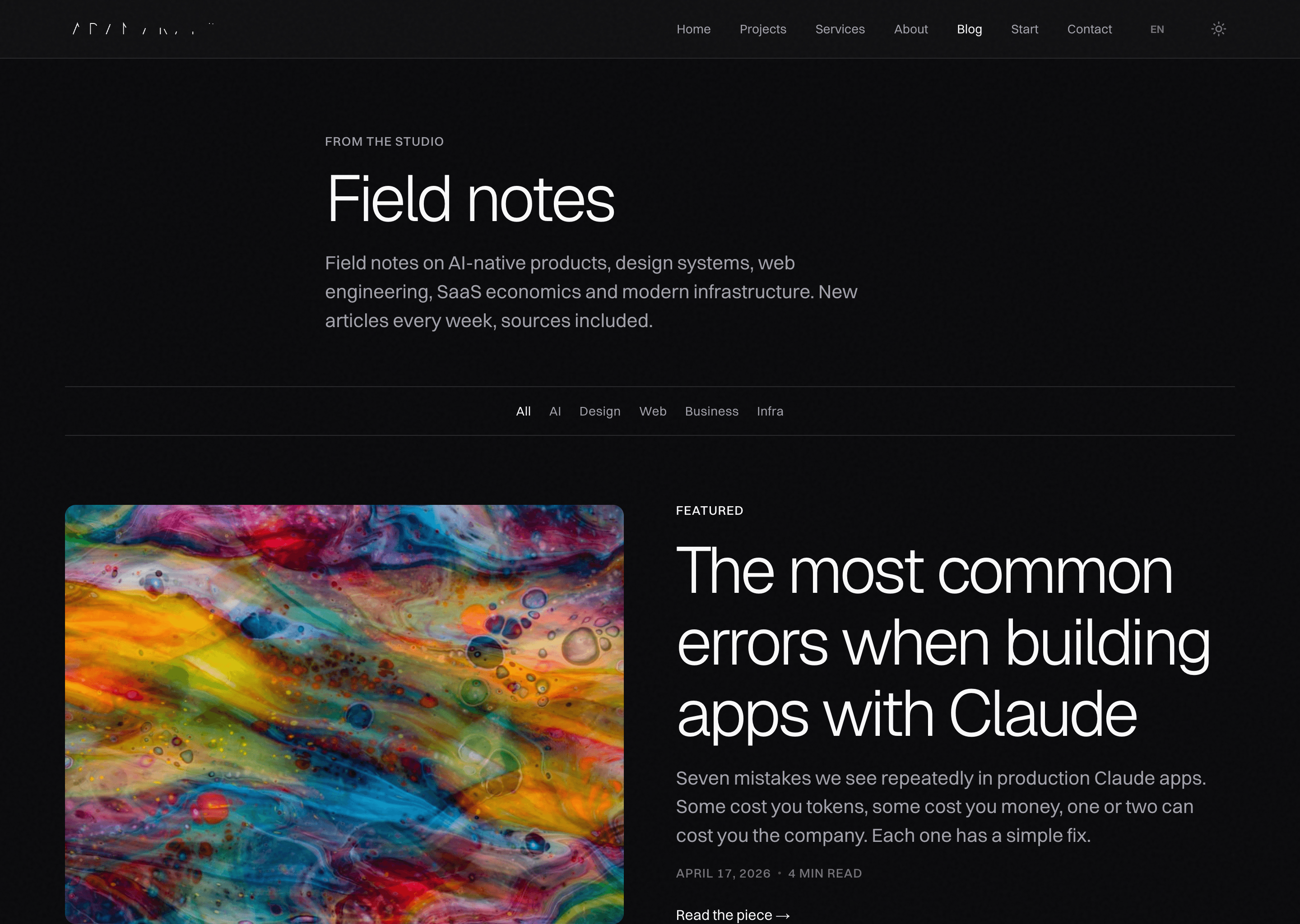 Blog index page. Overline, large section title, description paragraph, horizontal category filter, and a featured article with a large abstract cover image and a long bold title beside it.