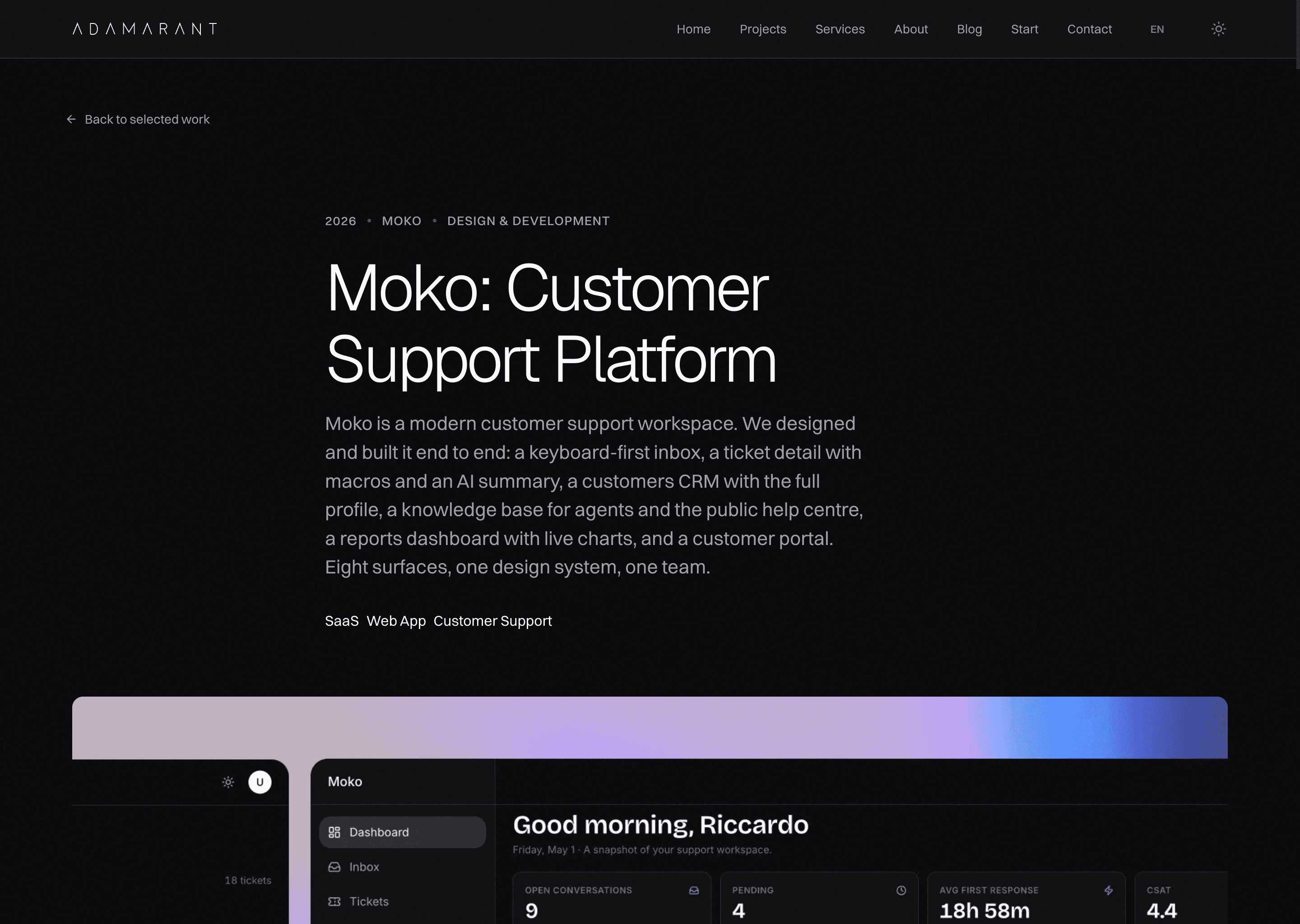 A case study subpage. Back link in the top-left, header with year/client/role overline, large editorial title, lede paragraph, a tag row, and the first content block below.