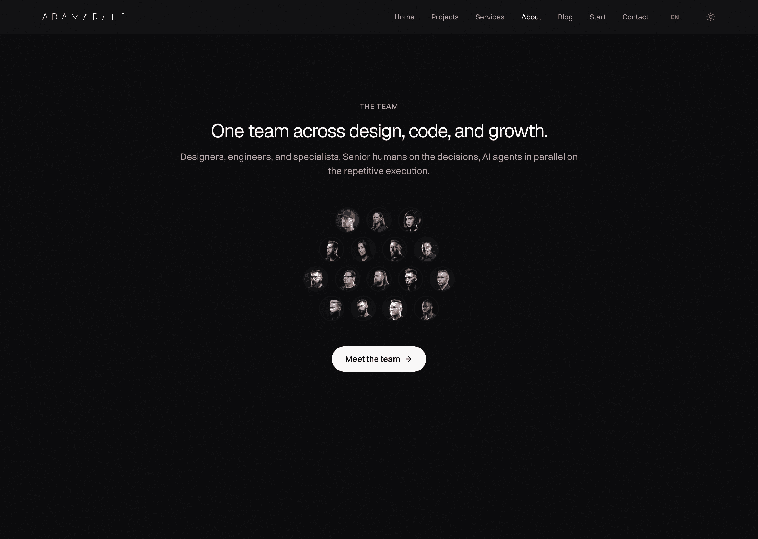 A page section with an overline, headline, paragraph, a grid of round avatar portraits in three rows, and a single dark pill CTA underneath.