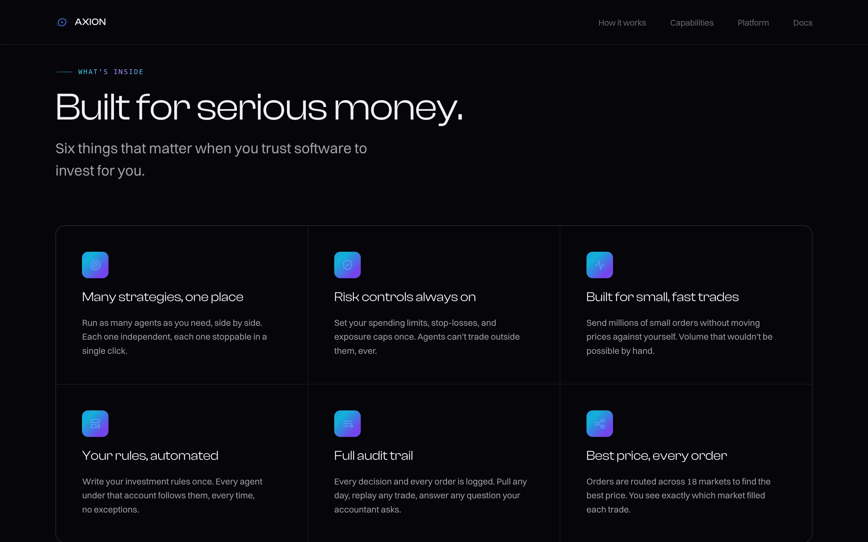Capabilities section titled "Built for serious money". Six cards with small gradient icons: many strategies in one place, risk controls always on, built for small fast trades, your rules automated, full audit trail, best price every order.