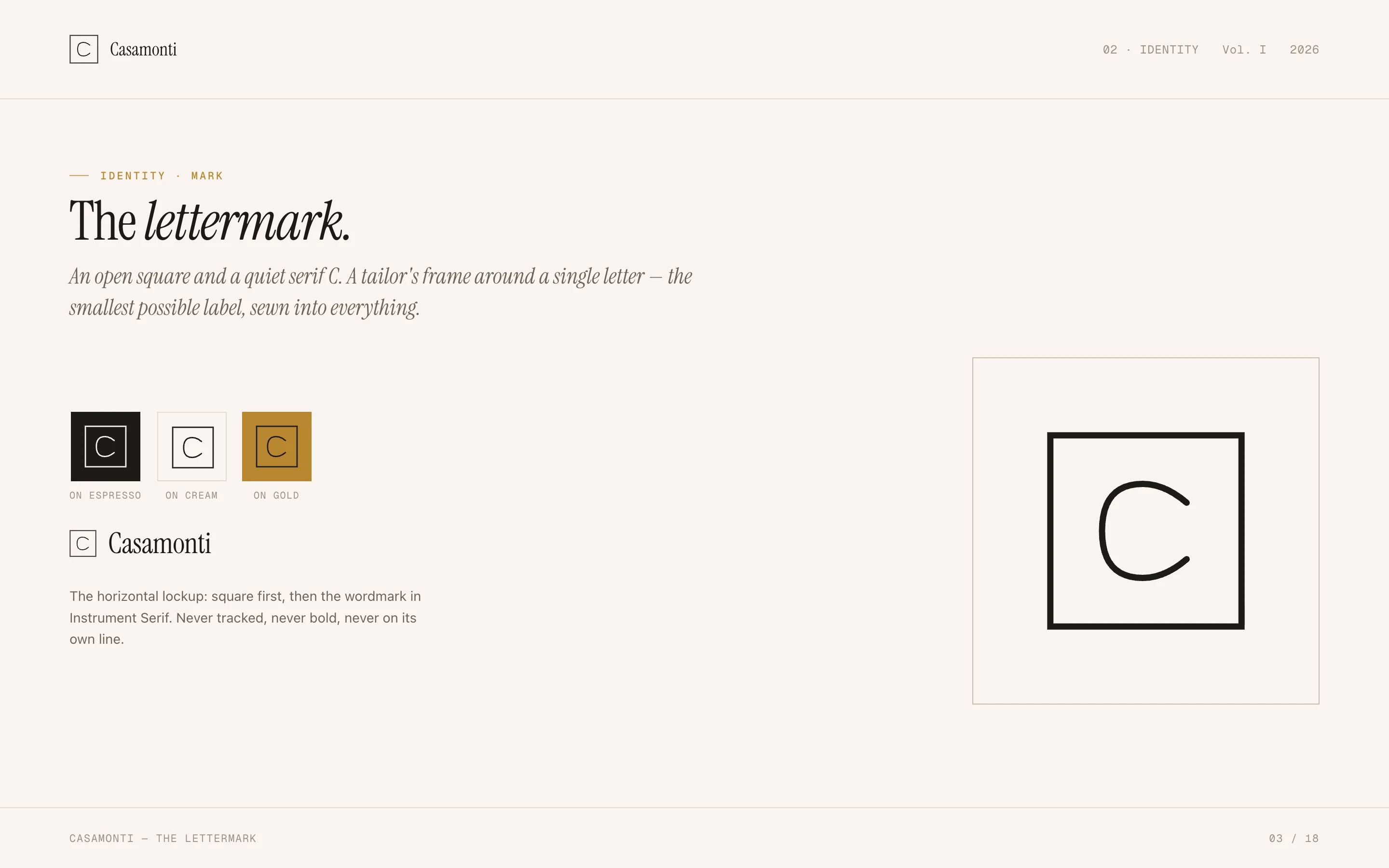 Brand book identity spread. The lettermark: an open square framing a serif capital C, shown on espresso, cream, and gold, beside the horizontal Casamonti lockup.