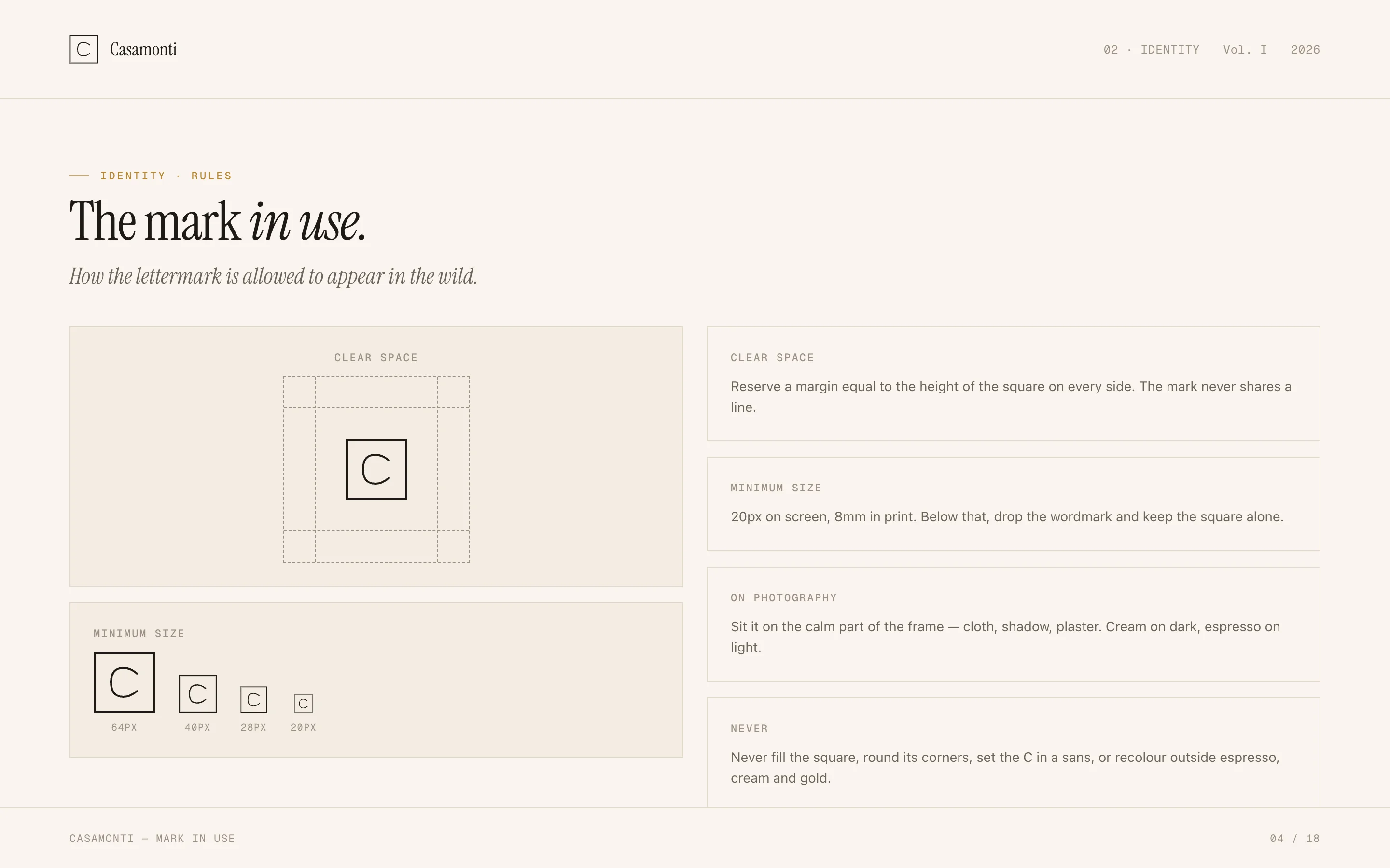 Brand book spread on mark usage. Clear-space and minimum-size diagrams for the lettermark, with rules for placing it on photography and a list of things never to do.