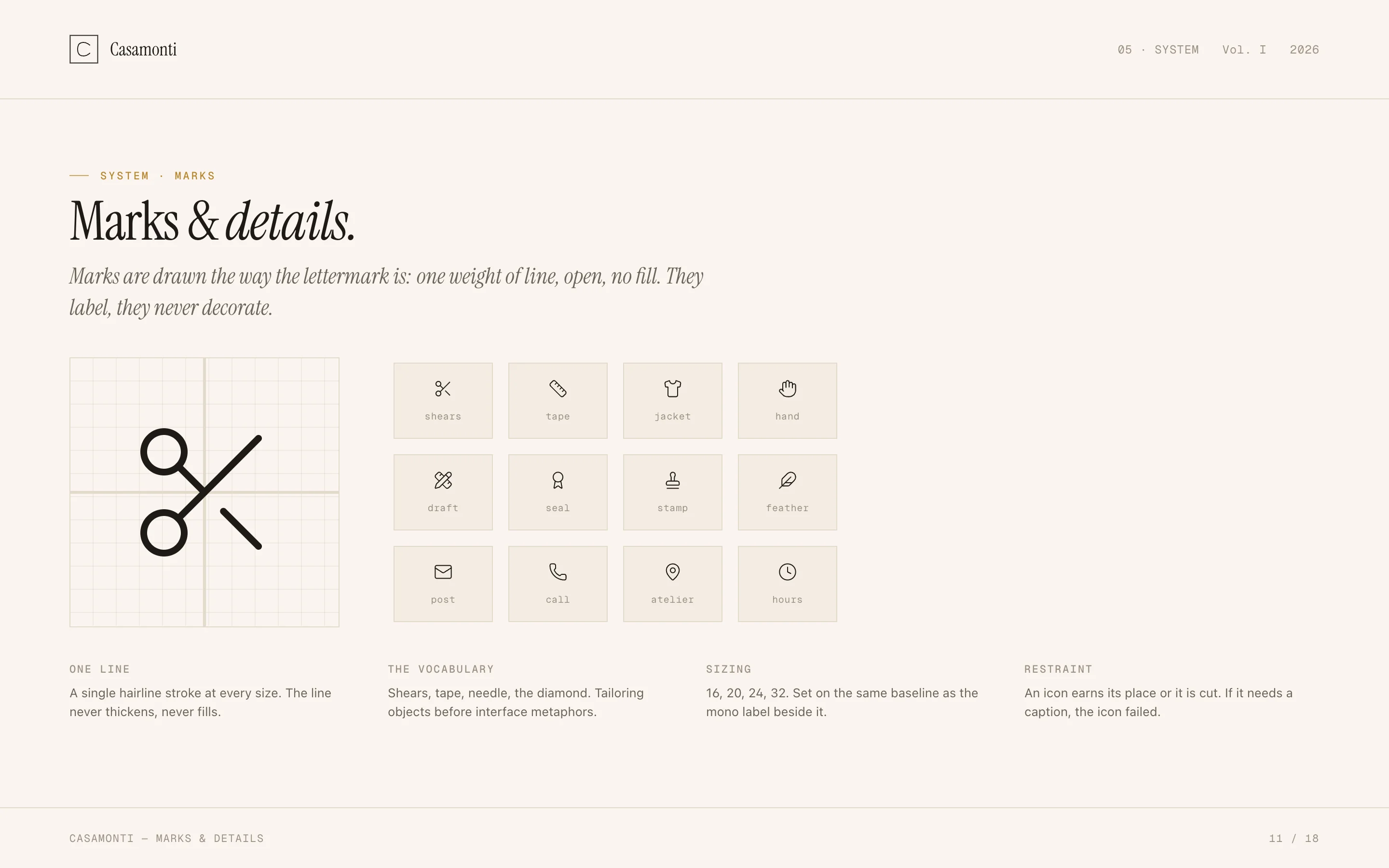 Brand book spread, "Marks and details". A hairline scissors icon on a grid, beside a set of twelve single-weight line icons drawn from tailoring objects.