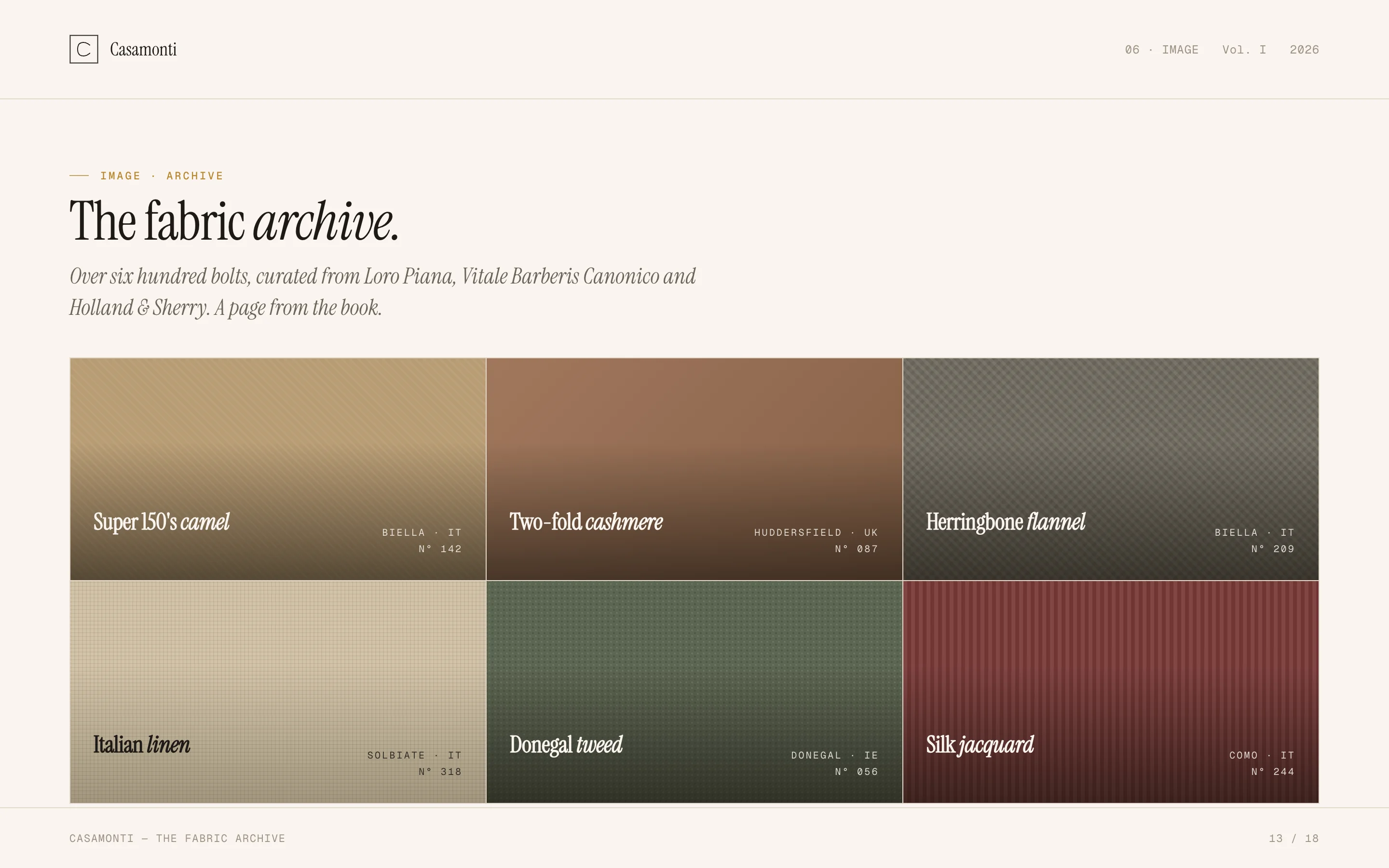 Brand book spread, "The fabric archive". Six woven cloth swatches, each named and numbered: camel, cashmere, herringbone flannel, linen, Donegal tweed, silk jacquard.