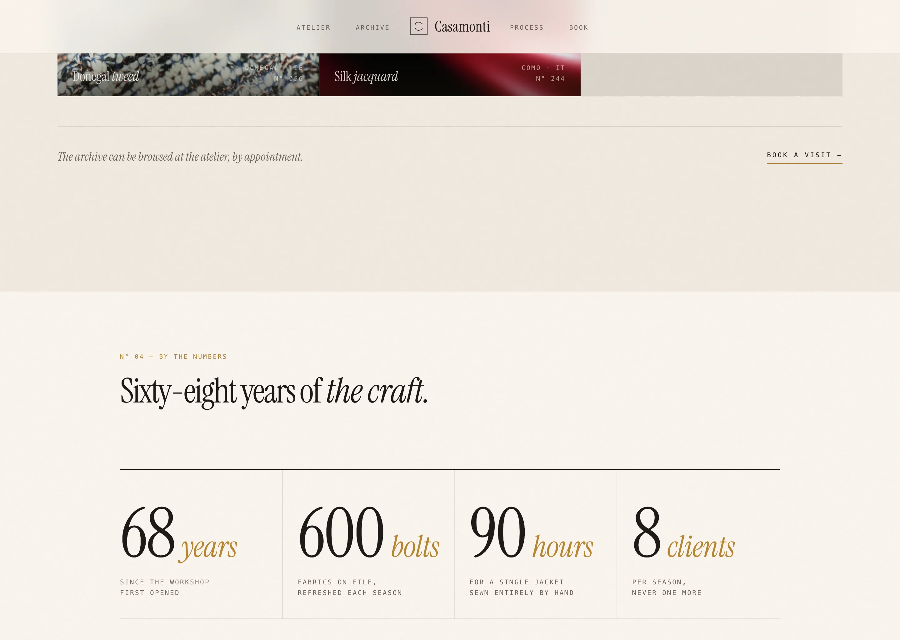 Archive and figures. Fabric cards above a row of large serif statistics: sixty-eight years, six hundred bolts, ninety hours, eight clients.