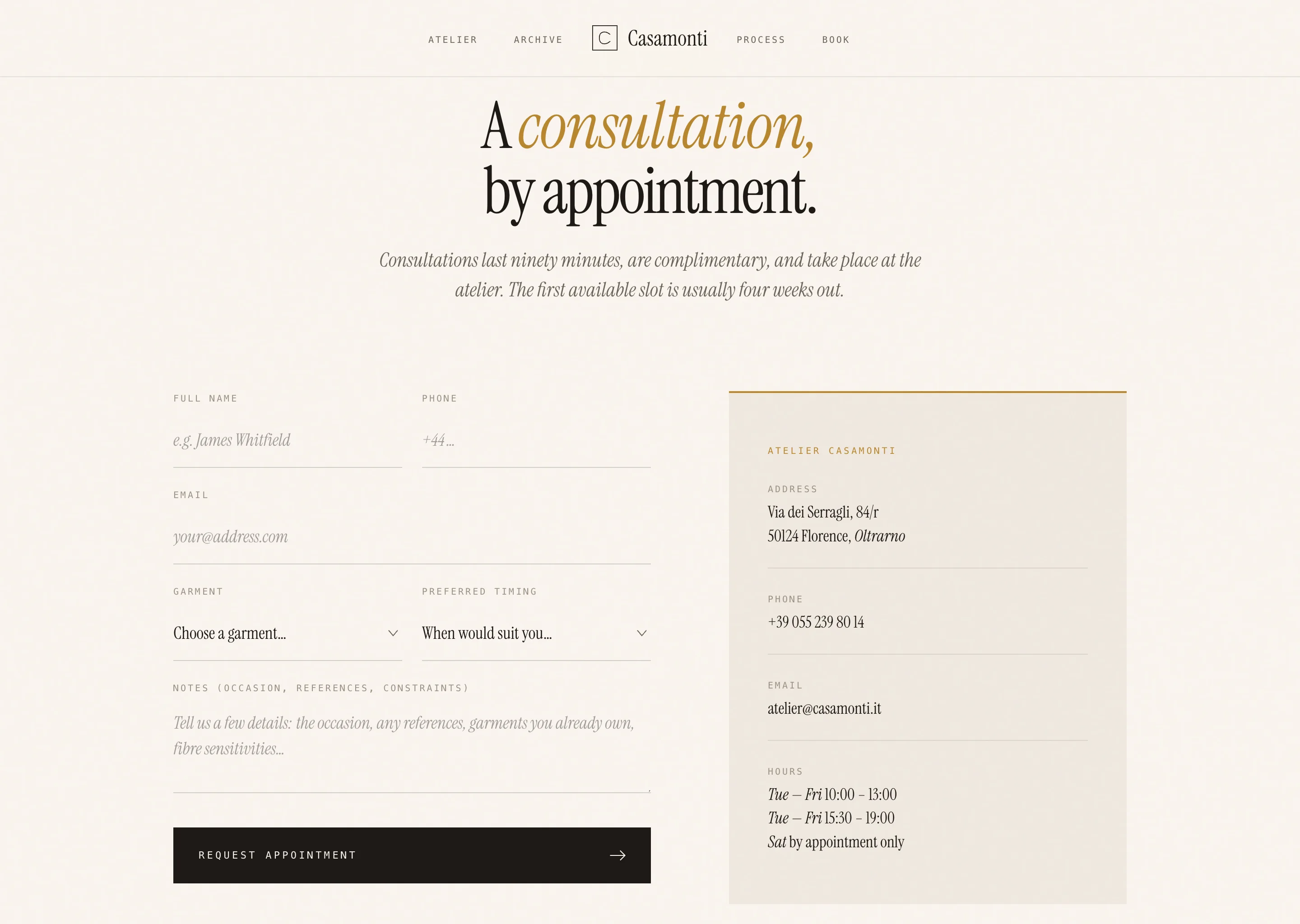 Booking section. A consultation form (name, phone, email, garment, timing, notes) beside the atelier address, opening hours, and contact details.