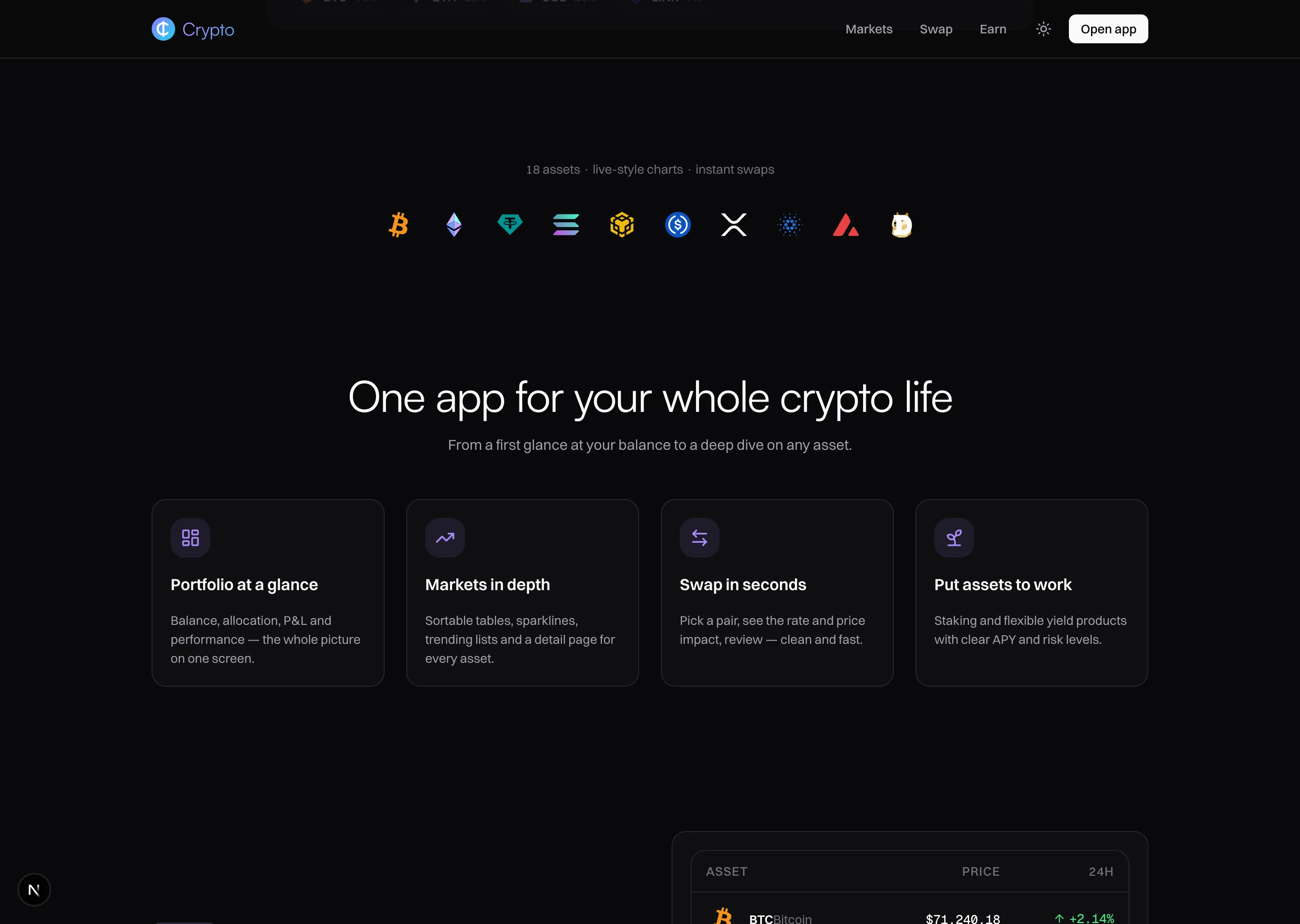 Landing section titled "One app for your whole crypto life" over a row of token logos, with four cards: Portfolio at a glance, Markets in depth, Swap in seconds, and Put assets to work.