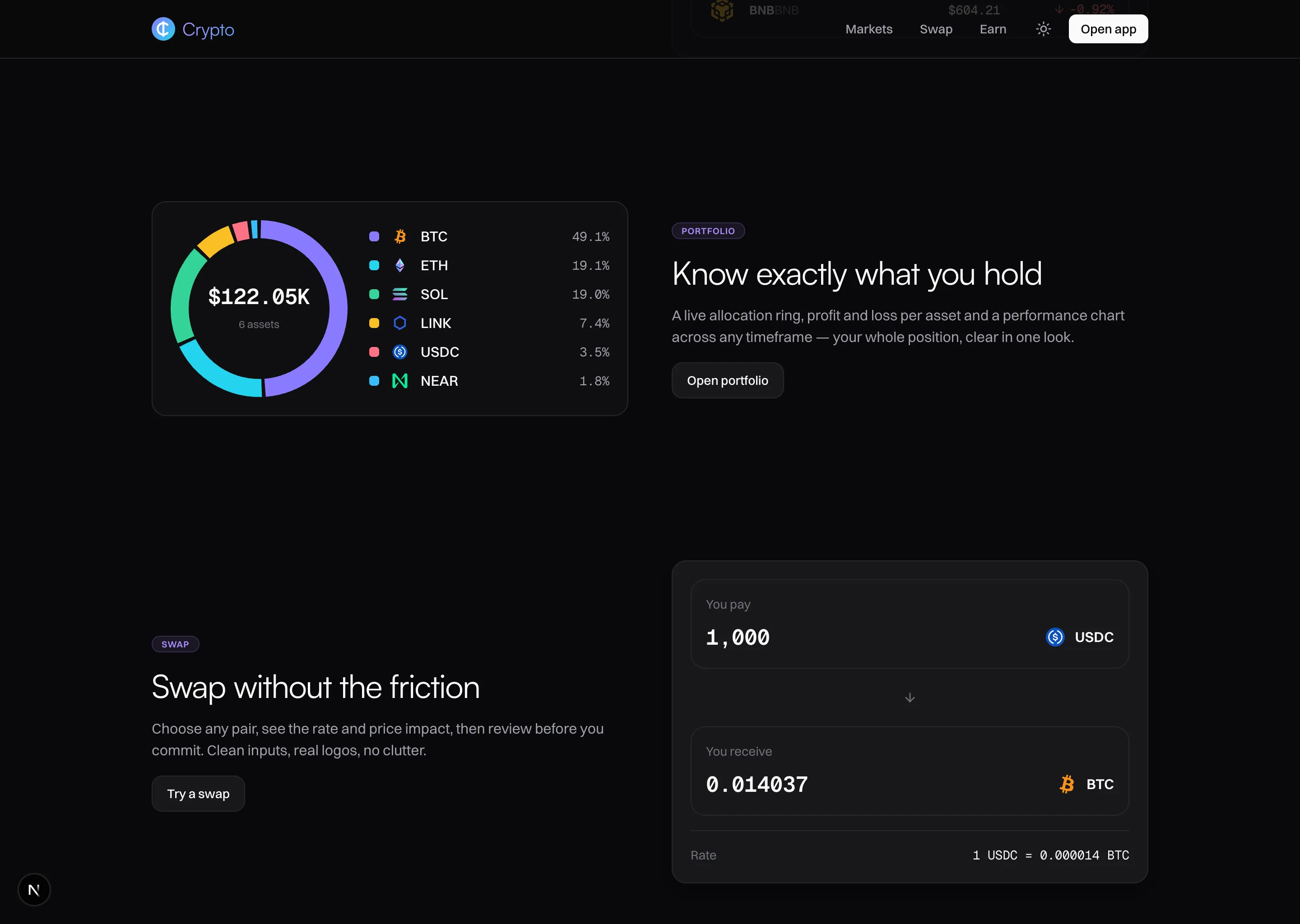 Dark landing section pairing a portfolio allocation ring headed "Know exactly what you hold" with a swap panel headed "Swap without the friction".
