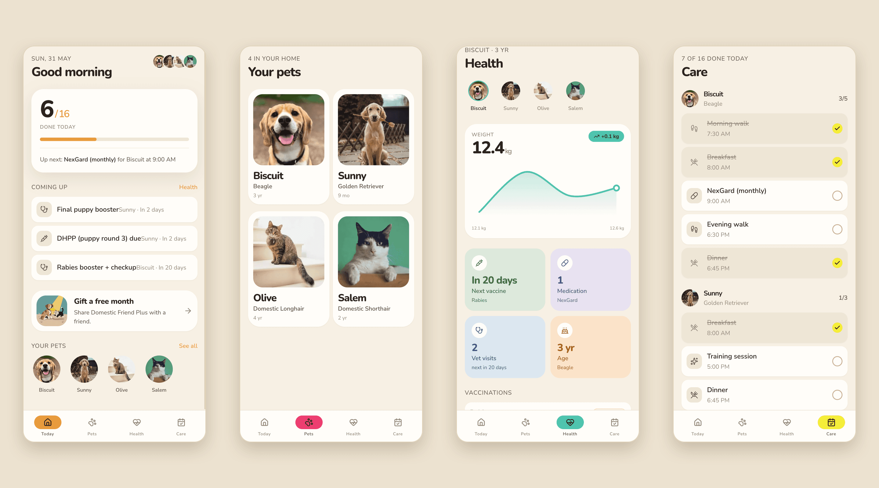 Four phone screens in a row, one per section of the app, each using a different accent color in its active tab and highlights: honey, pink, teal, and yellow.