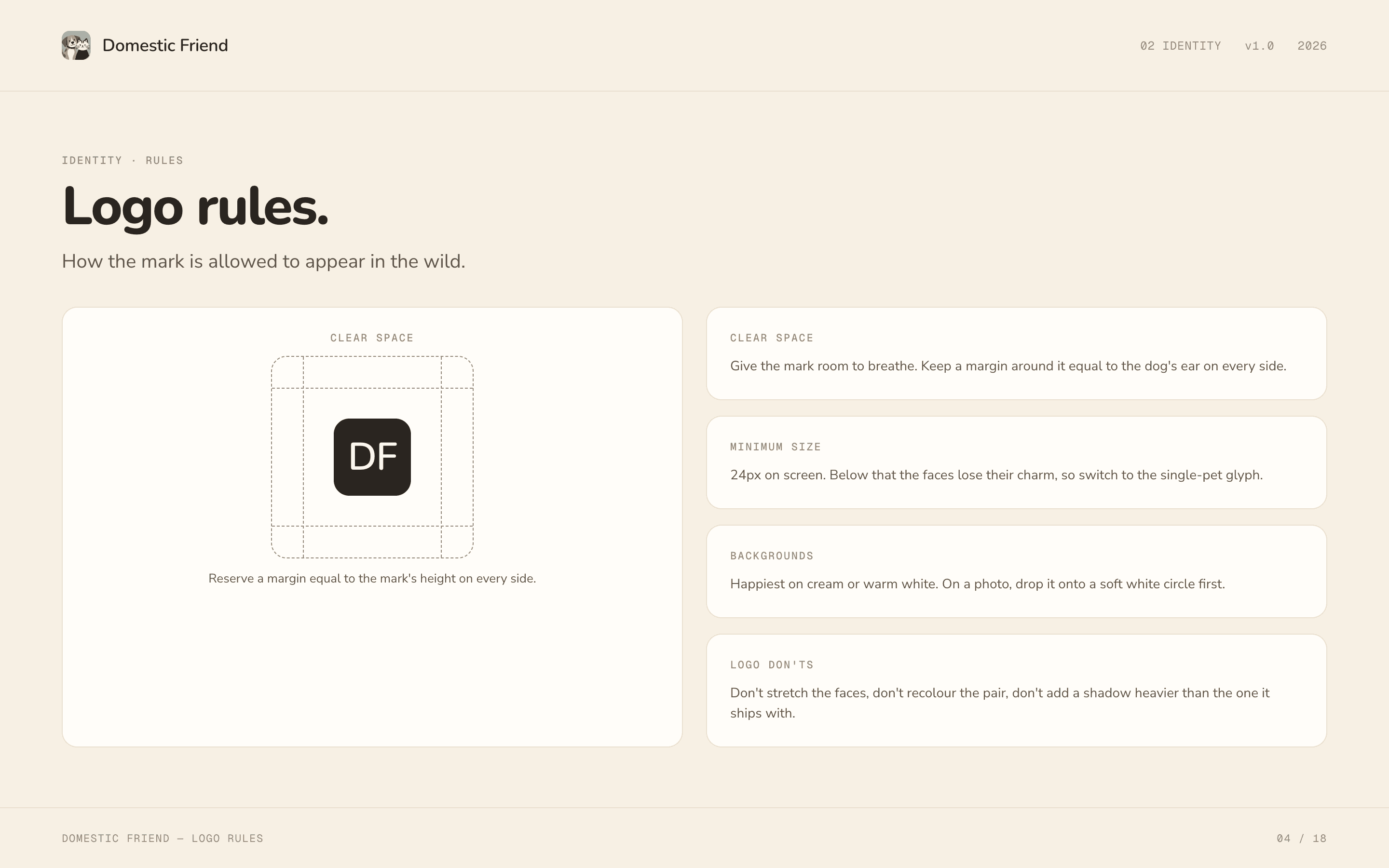 Domestic Friend brand guidelines, slide 4.