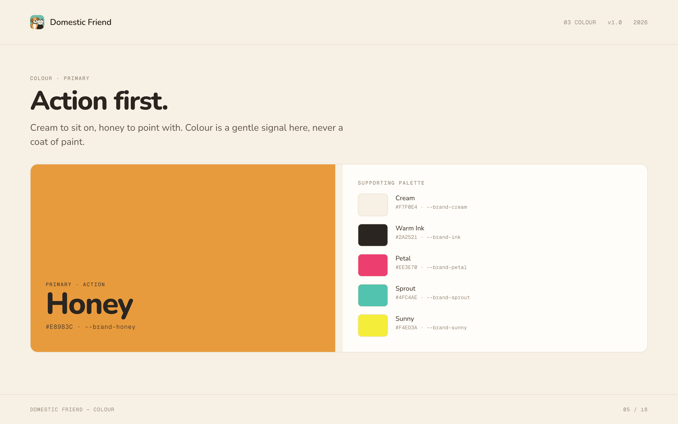 Domestic Friend brand guidelines, slide 5.
