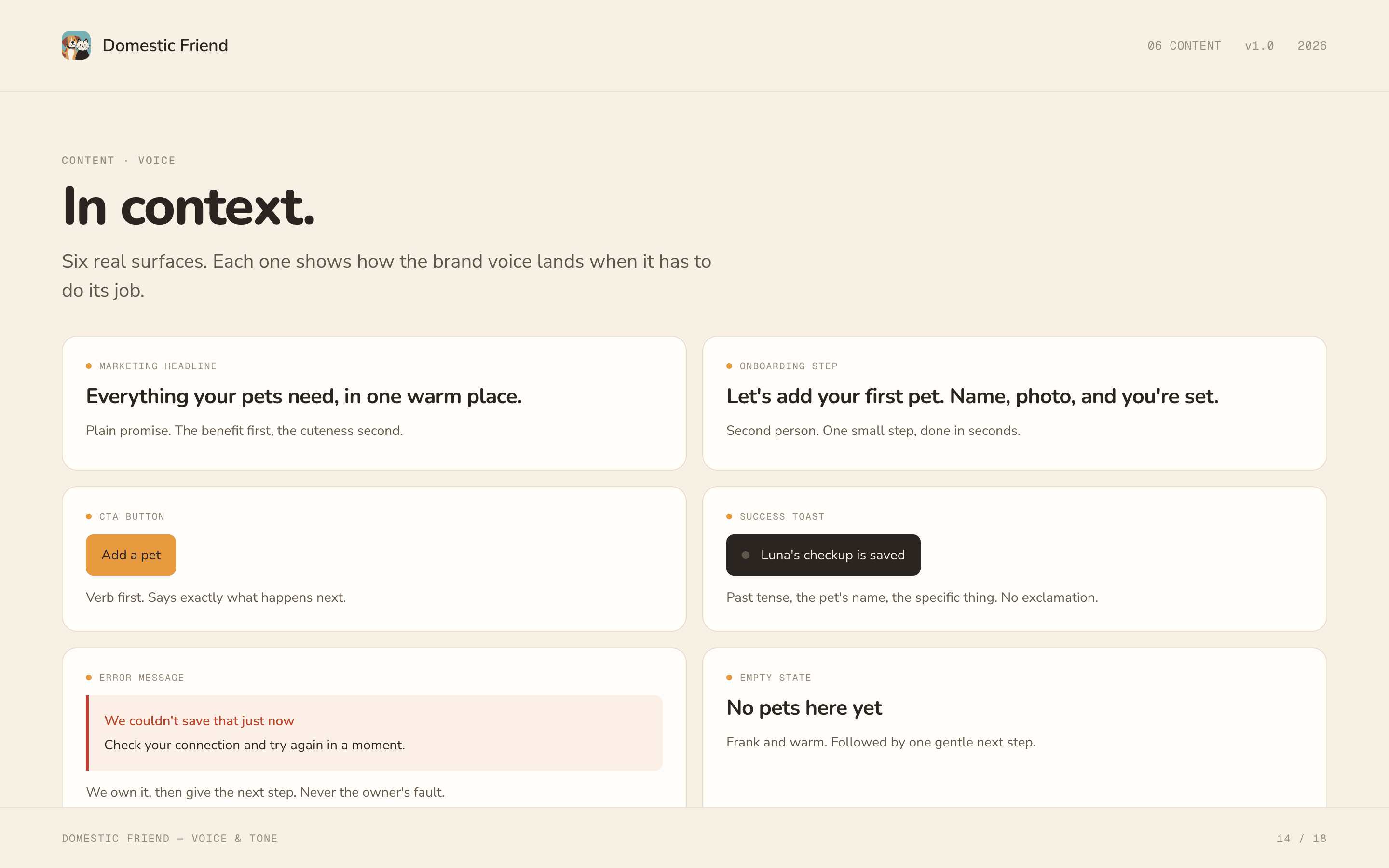 Domestic Friend brand guidelines, slide 14.