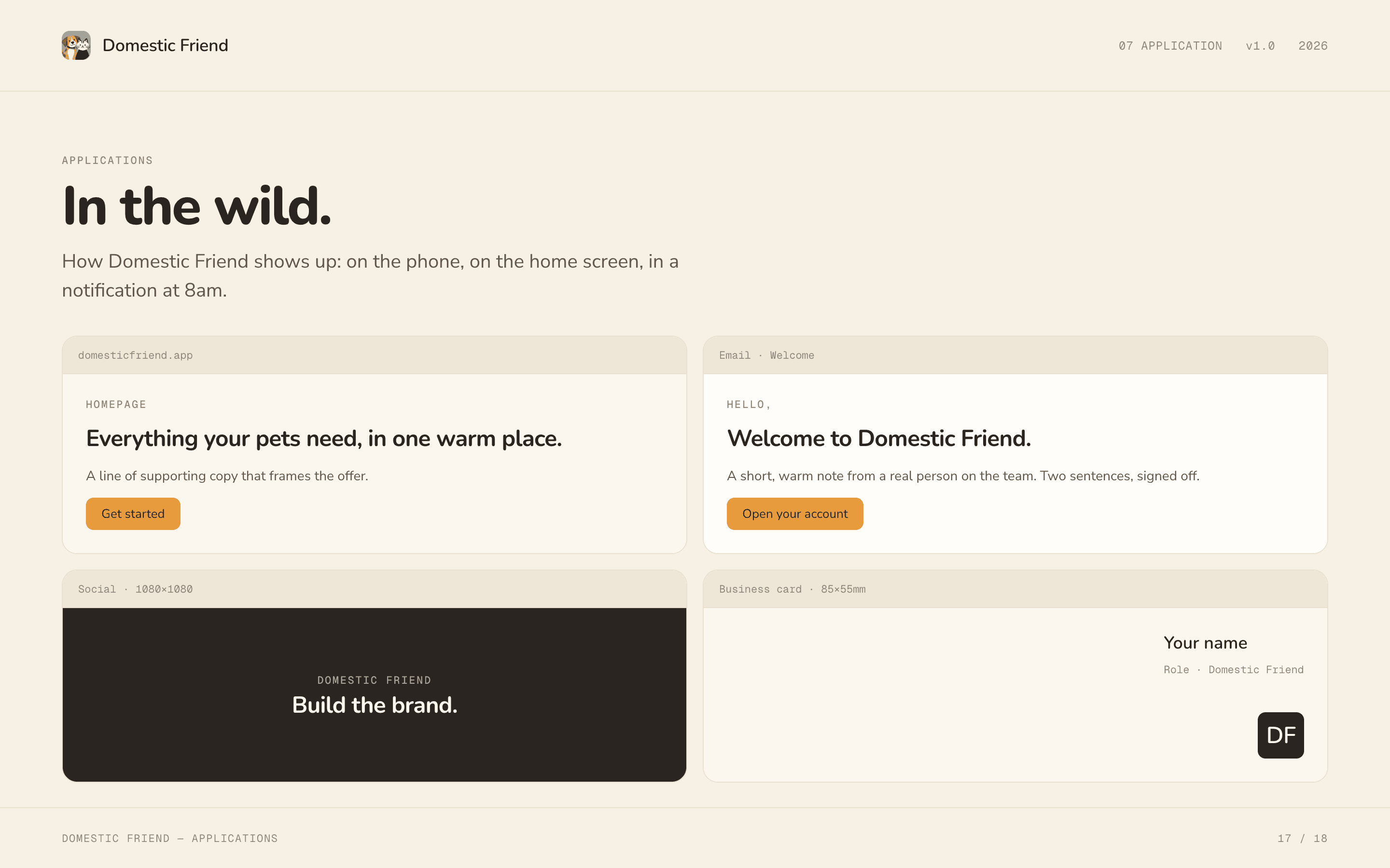Domestic Friend brand guidelines, slide 17.