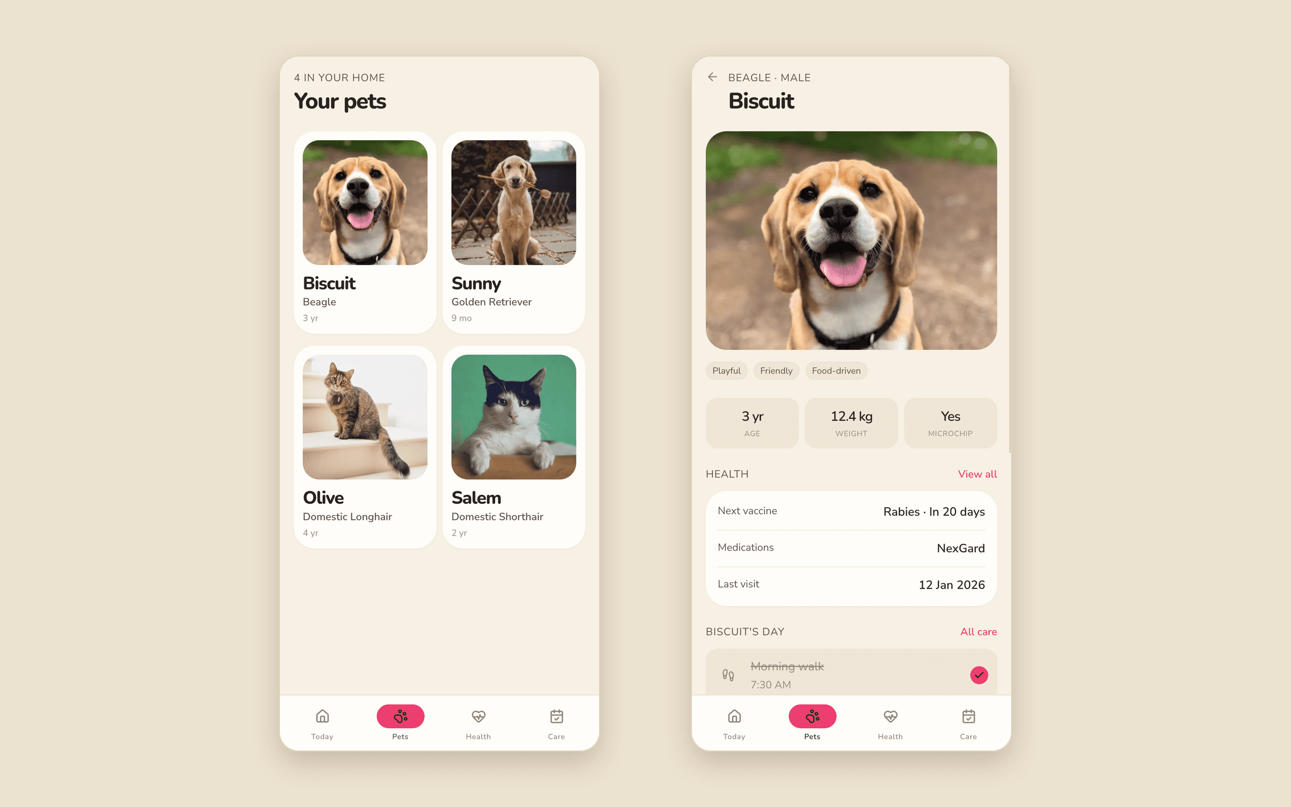 Two screens side by side. Left: a grid of pet cards with photos, names, and breeds. Right: a single pet's page with a small uppercase label, a large name, a rounded photo, trait pills, and a row of three facts.