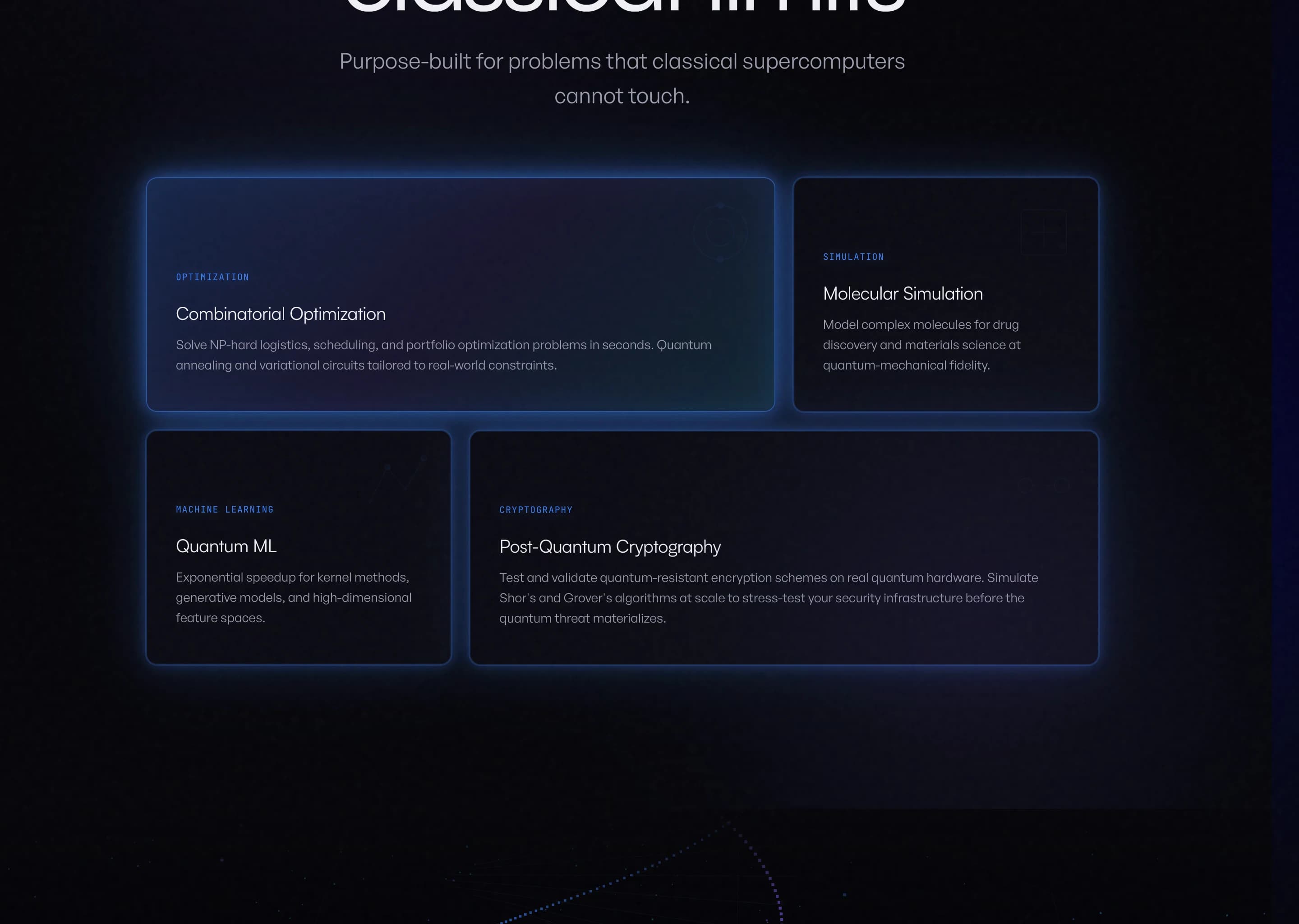Capabilities section, "Beyond classical limits". Four cards on a dark ground: Combinatorial Optimization, Molecular Simulation, Quantum ML, and Post-Quantum Cryptography, each with a short description.