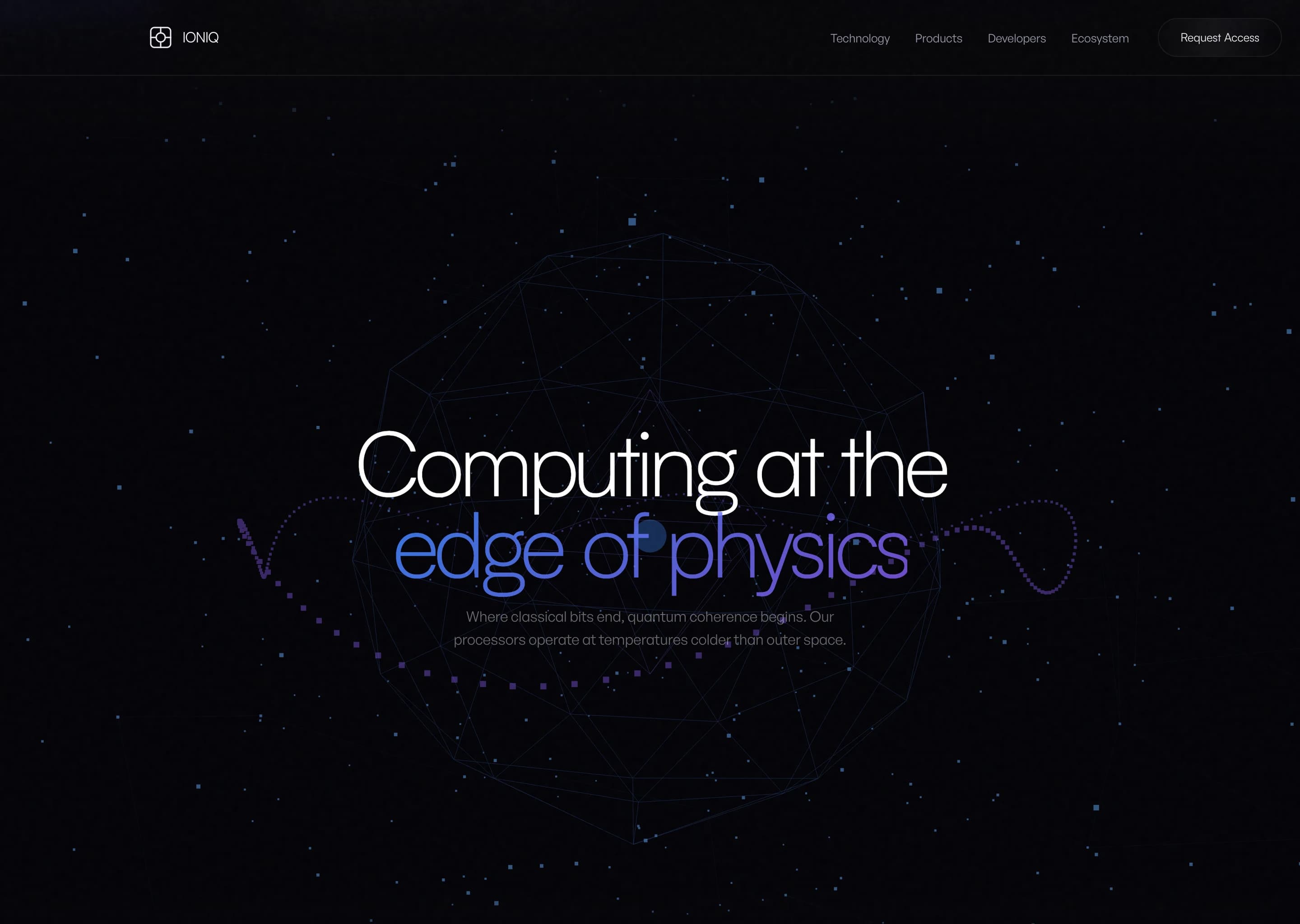 Opening statement over a faint wireframe globe of blue dots. A large thin headline reads "Computing at the edge of physics", with "edge of physics" in electric blue, above a line: where classical bits end, quantum coherence begins.