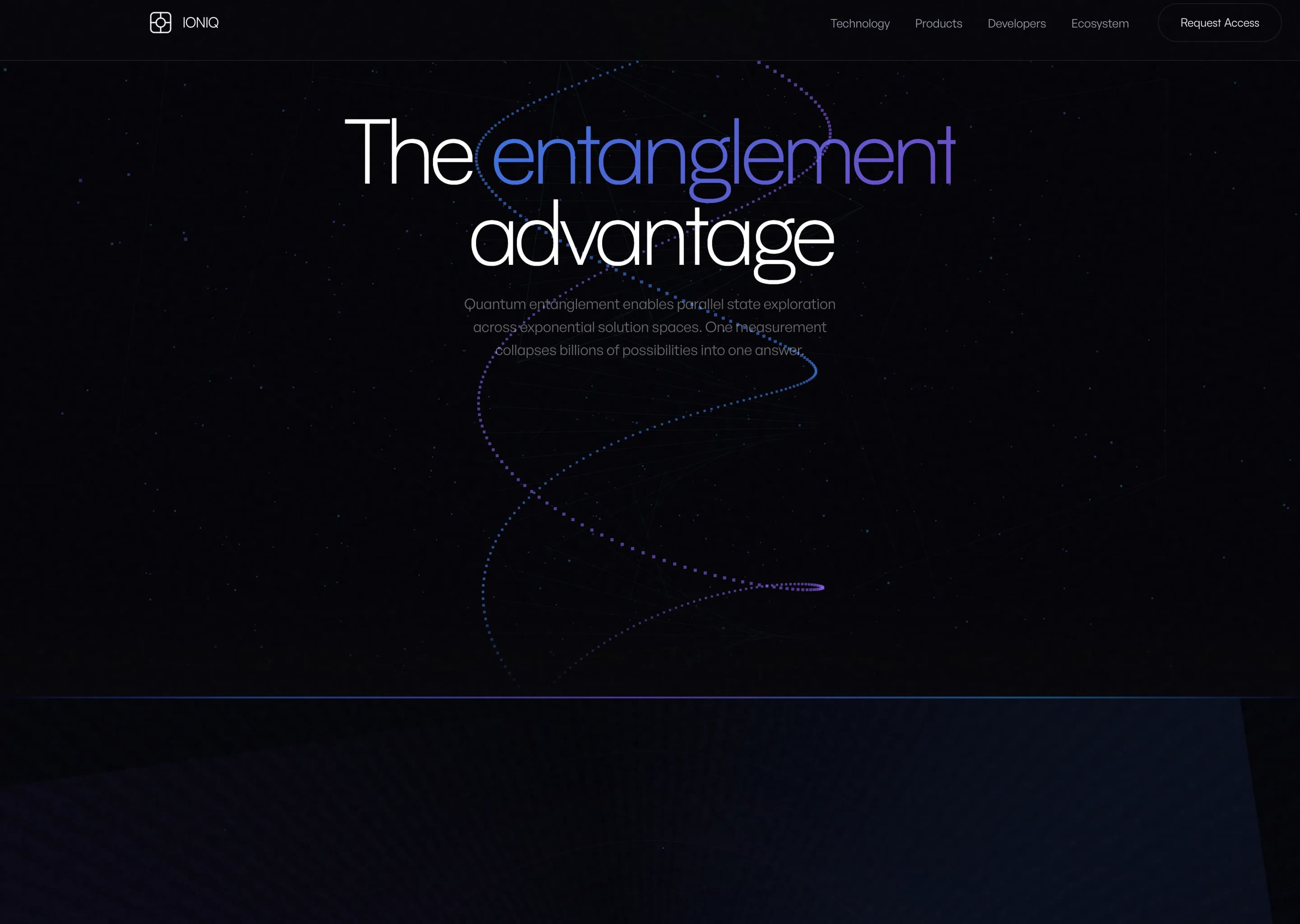 Statement section, "The entanglement advantage", with "entanglement" in a blue-to-violet gradient. A single dotted helix spirals down the deep-black frame beneath the headline.
