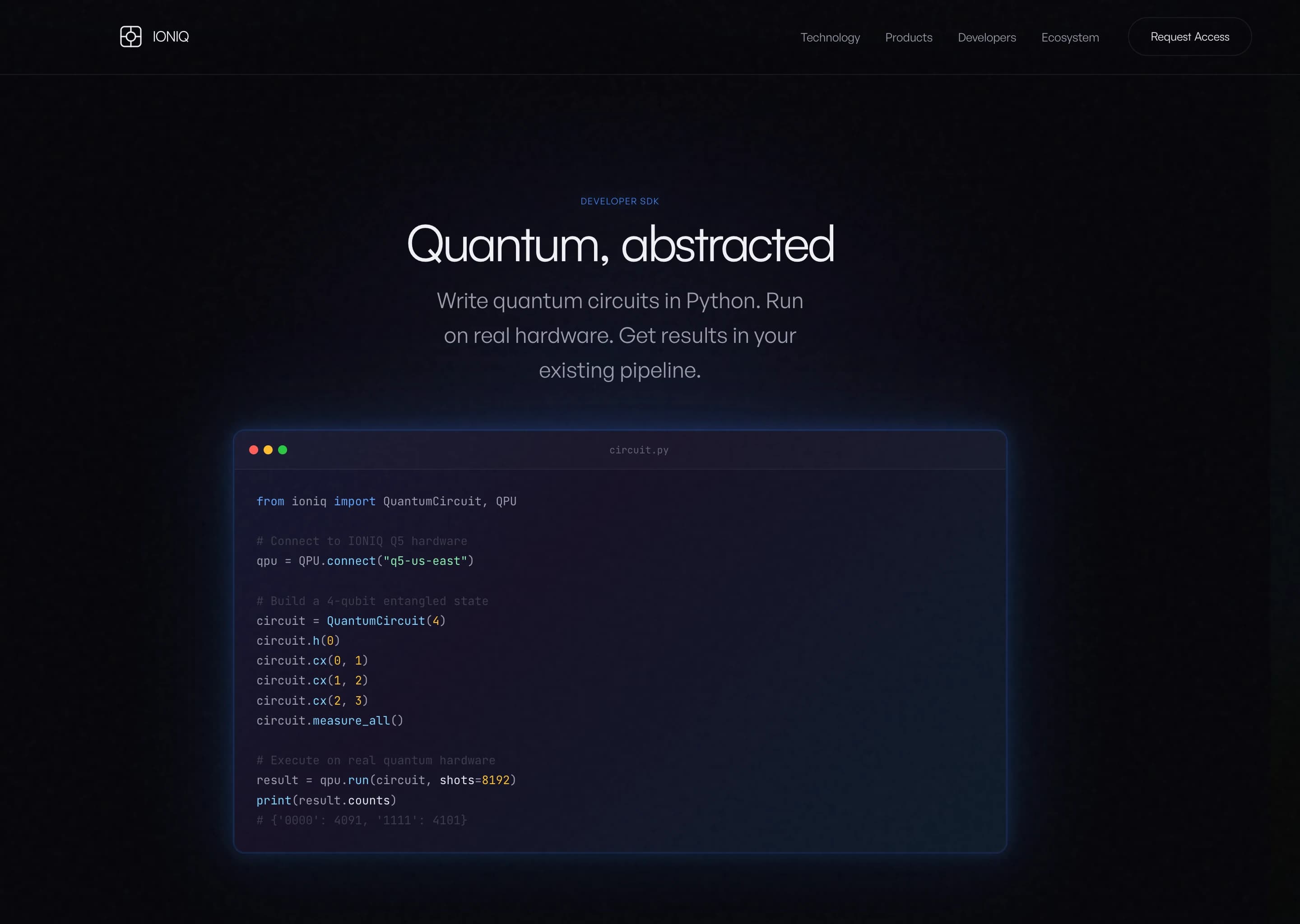 Developer SDK section, "Quantum, abstracted". A line about writing quantum circuits in Python and running on real hardware, above a dark code editor window showing a short circuit.py example using QuantumCircuit and QPU.