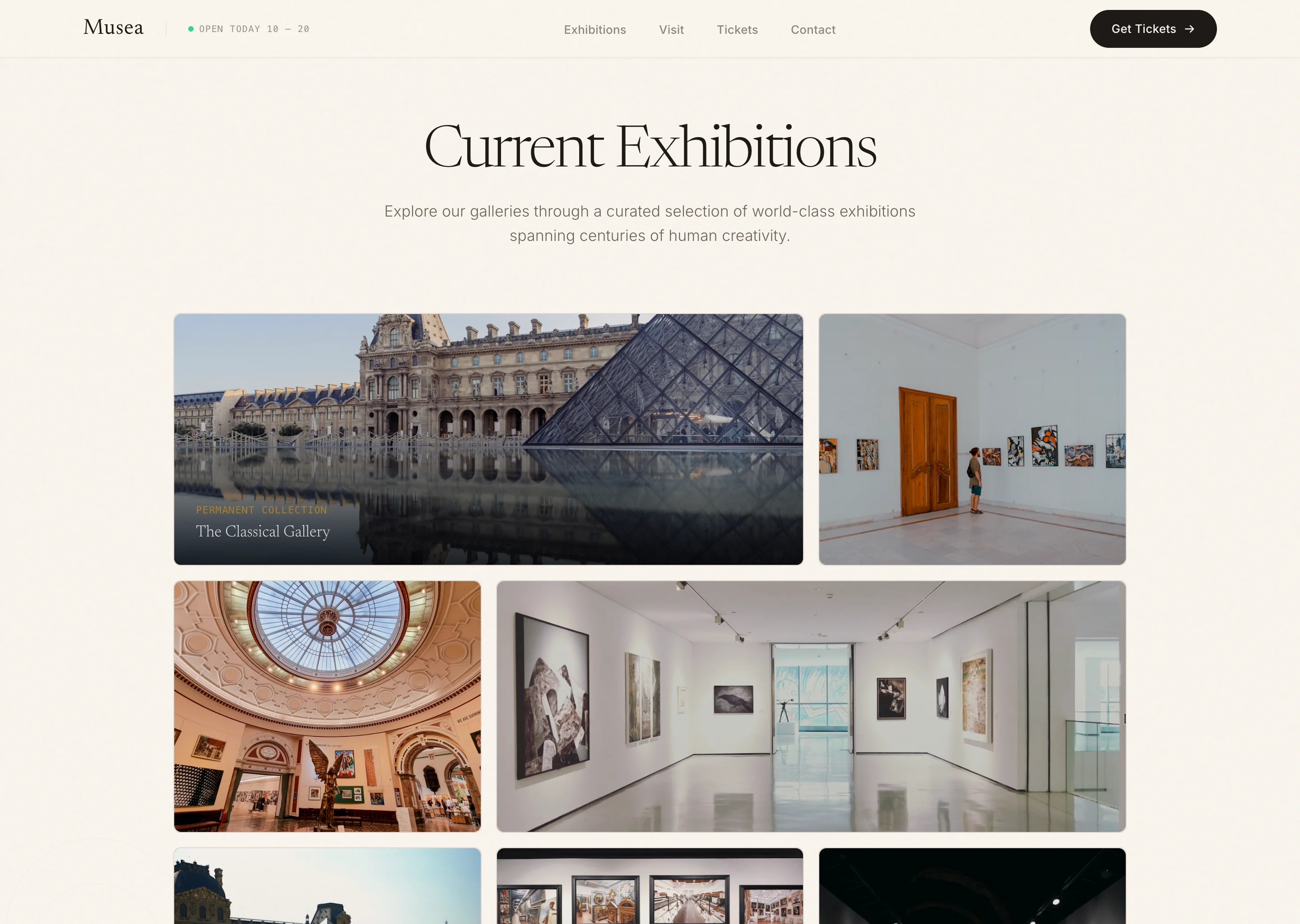 Musea's exhibitions section on a paper-cream page: a thin serif wordmark and a Get Tickets button up top, the heading Current Exhibitions in large serif, and a mosaic of museum and gallery photographs below, one tagged The Classical Gallery.