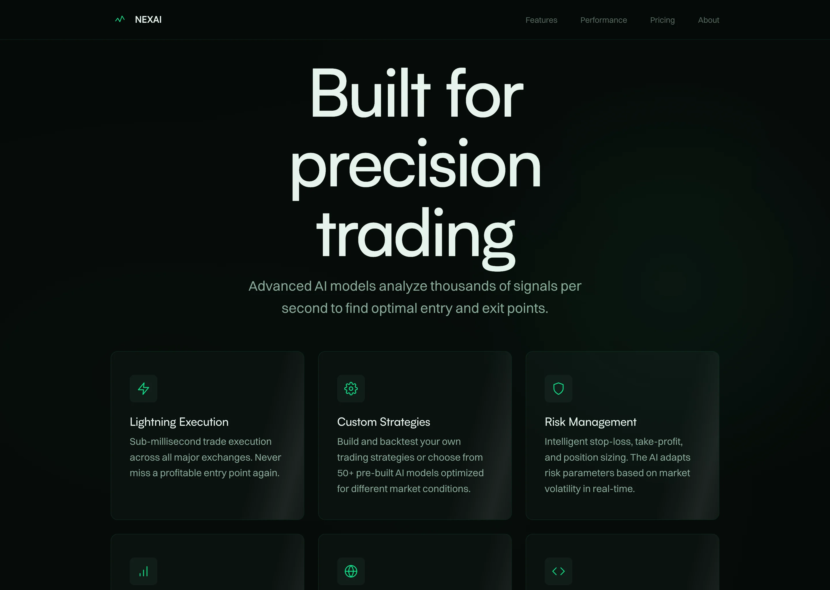 Features section titled "Built for precision trading". A grid of cards with small spring-green icons covers Lightning Execution, Custom Strategies, Risk Management and more, each under a short line of supporting copy.