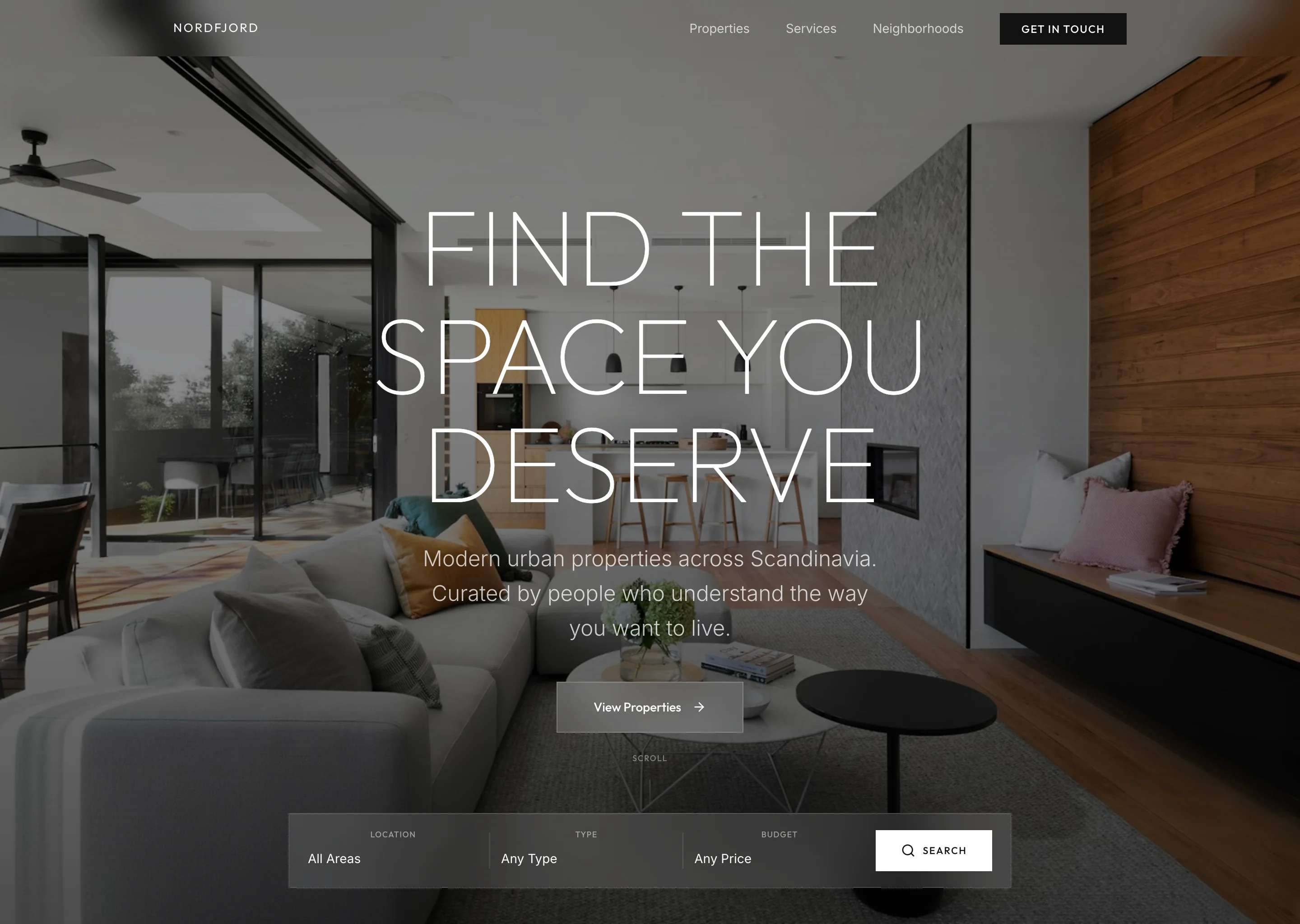 The Nordfjord hero. A warm, sunlit open-plan living room behind a giant ultra-light uppercase headline reading Find the space you deserve, a one-line subtitle, a glass View Properties button, and a frosted search bar for location, type, and budget.
