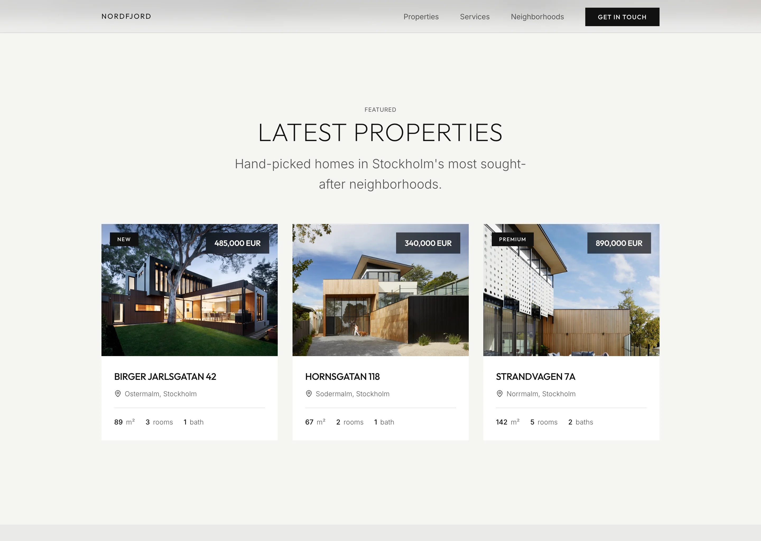 Featured listings section titled Latest Properties: three white property cards in a row, each a photo with a price badge and an optional New or Premium tag, an address, a Stockholm location, and a row of size, rooms, and bath specs.