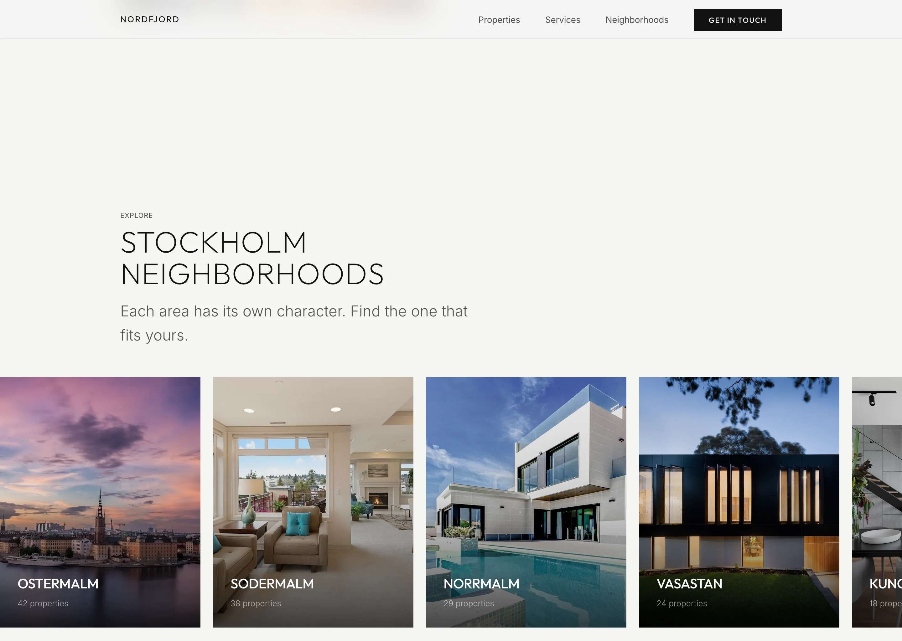 Stockholm Neighborhoods section: a horizontal row of tall image cards, each a district photo with its name and property count over a dark gradient (Ostermalm, Sodermalm, Norrmalm, Vasastan, Kungsholmen).