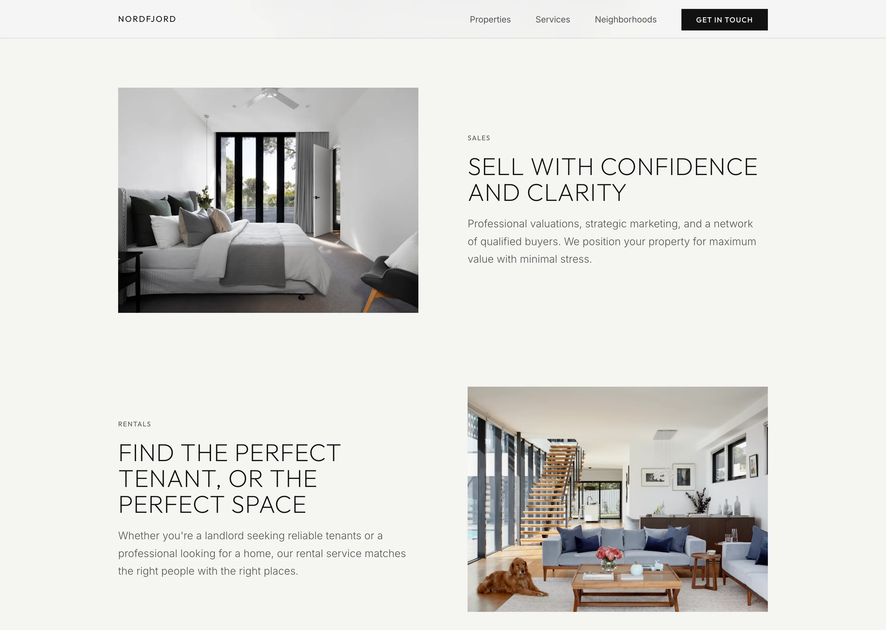 Services section with alternating rows. Sell with confidence and clarity beside a bright bedroom; Find the perfect tenant, or the perfect space beside a sunlit living room.