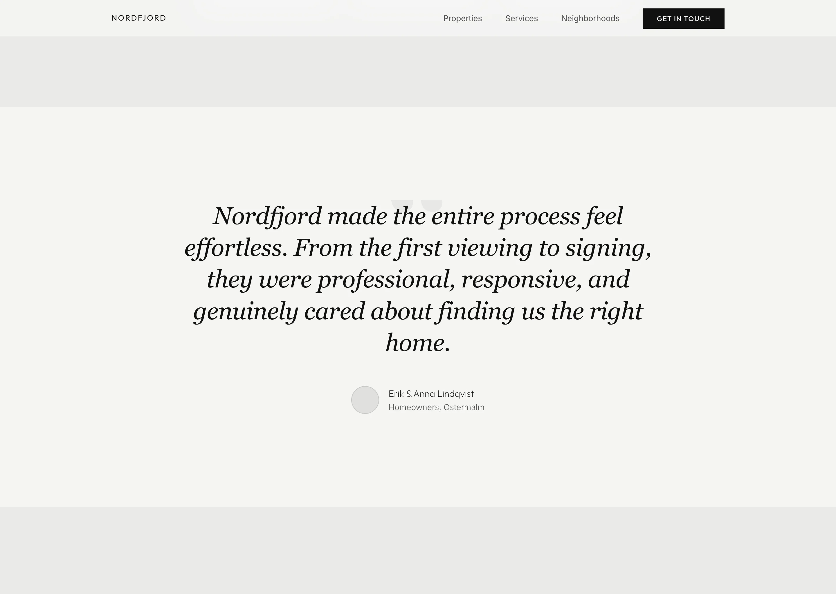 Testimonial section: a large centred italic serif quote about an effortless buying process, with a small round avatar and the names Erik and Anna Lindqvist, homeowners in Ostermalm, beneath it.