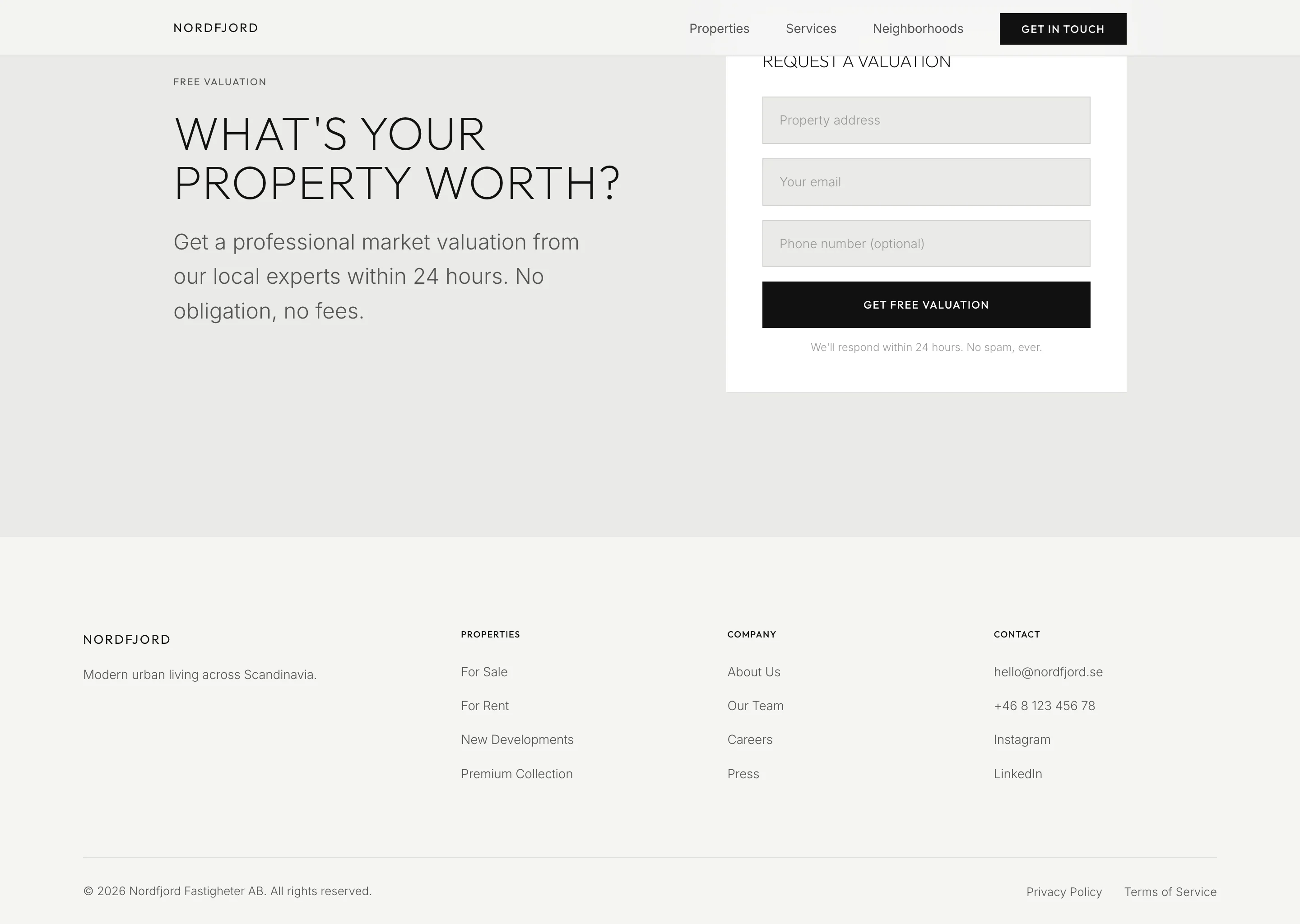 Valuation call to action titled What's your property worth? with a request-a-valuation form for address, email, and phone, above the footer with brand, properties, company, and contact columns.