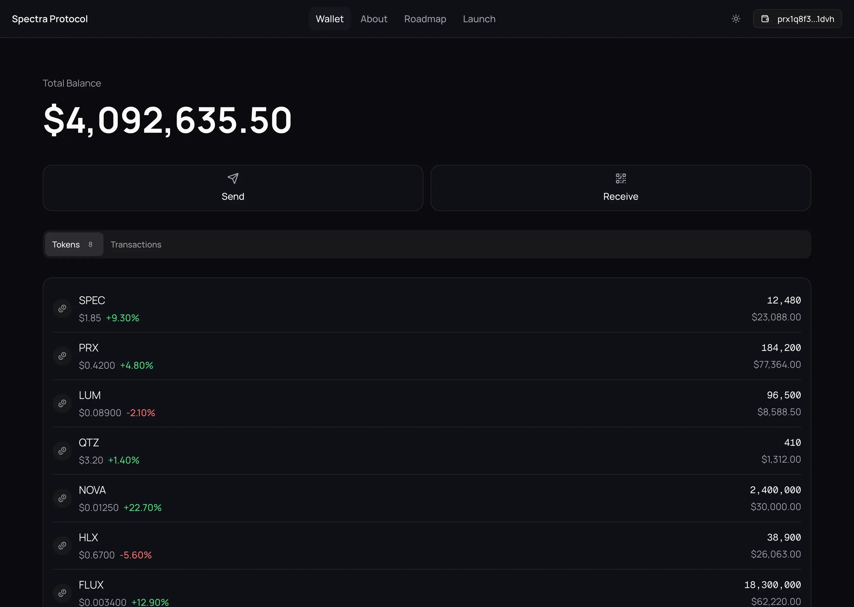 A published token app on its Assets tab. A balance of $4,092,635.50 sits above a list of token holdings with amounts and values, and a bottom row of app pages.