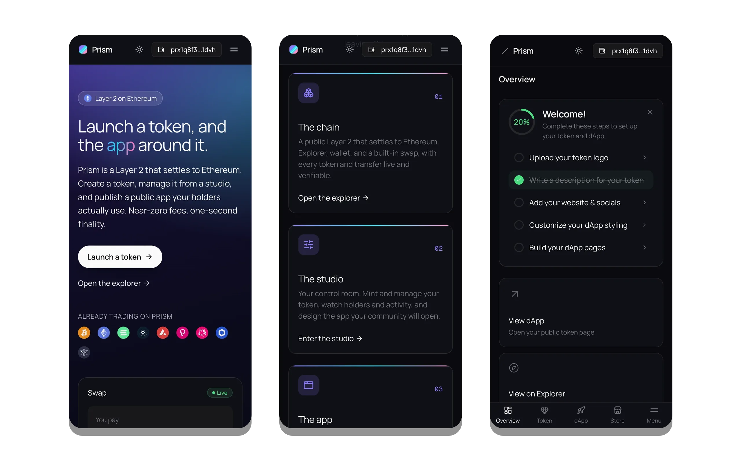 Three phone screens in dark mode: the homepage hero, the chain-studio-app overview, and the studio onboarding checklist.