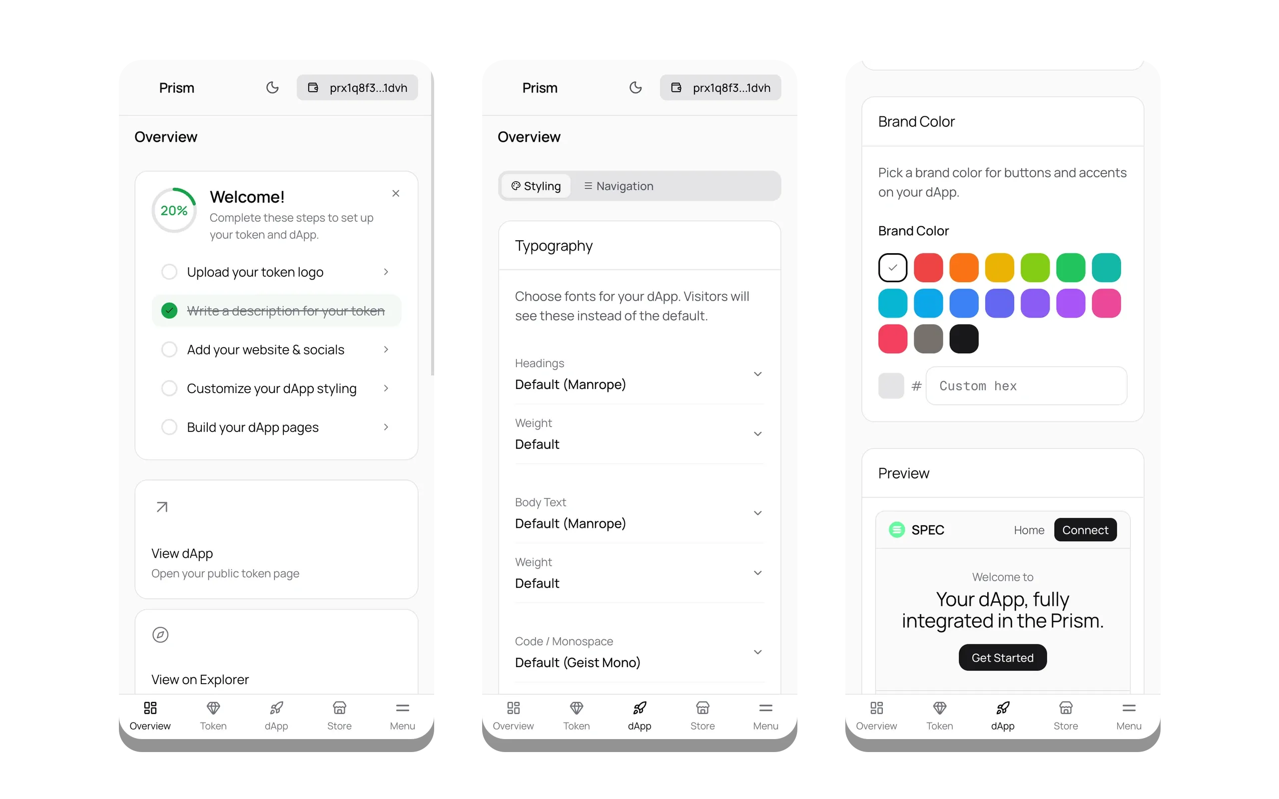 Three phone screens in light mode: the studio onboarding, the typography controls, and the brand-color picker with a live app preview.
