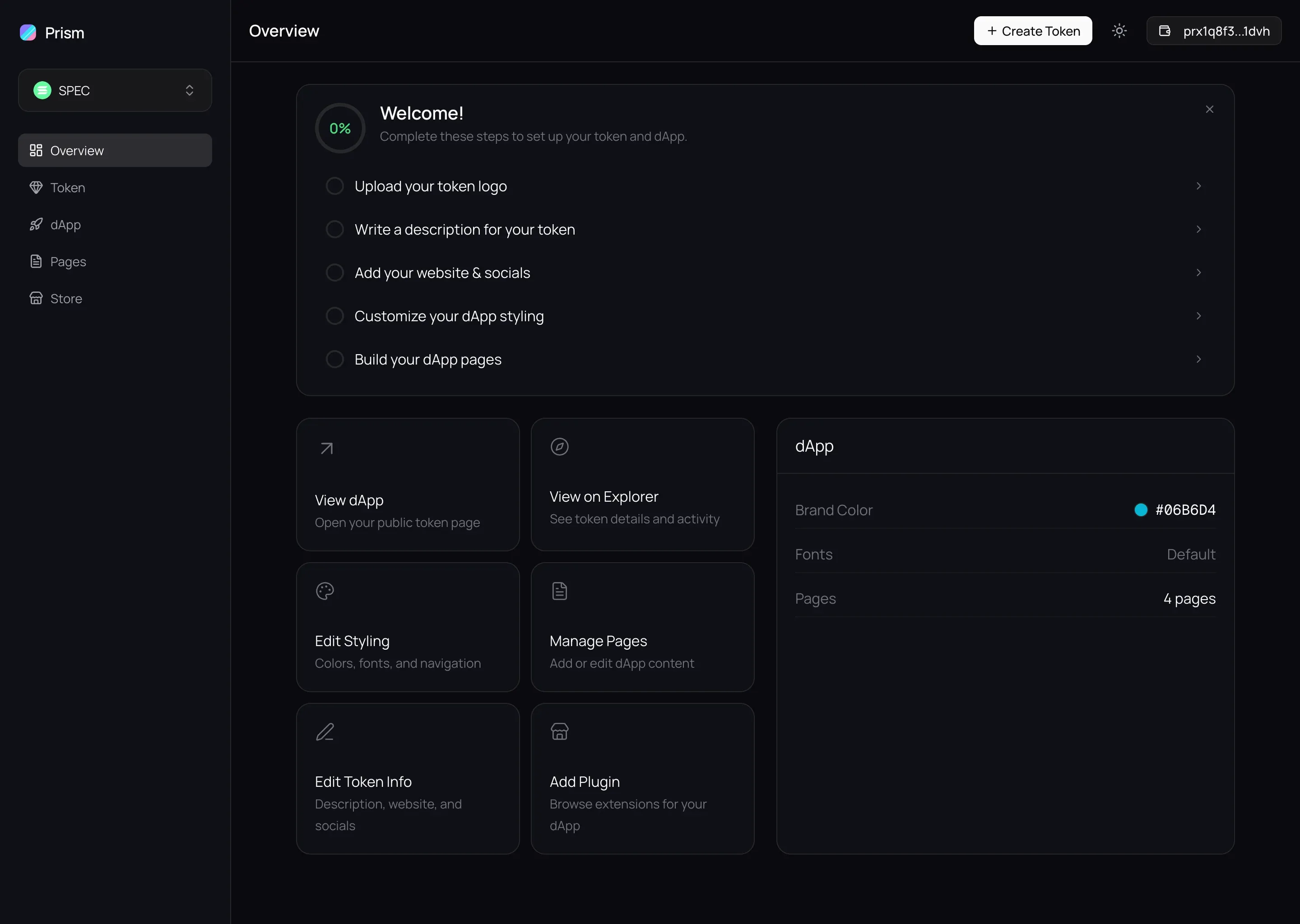 The studio dashboard. A left sidebar lists the token and its sections; the main panel shows a 'Welcome' onboarding checklist of five steps to take a new token to a published app.