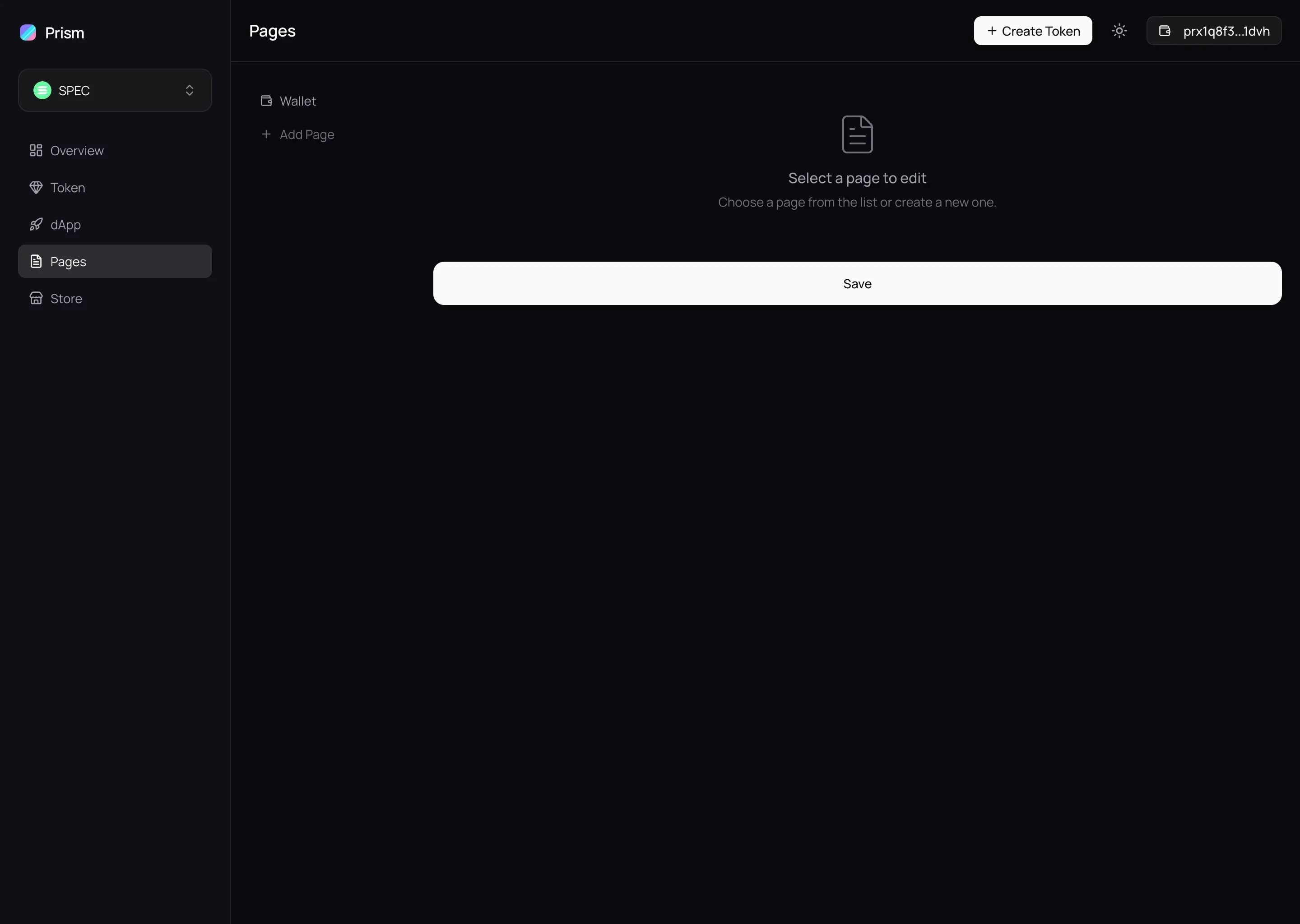 The studio page builder. A list of the app's pages on the left, with an editor area on the right waiting for a page to be selected.
