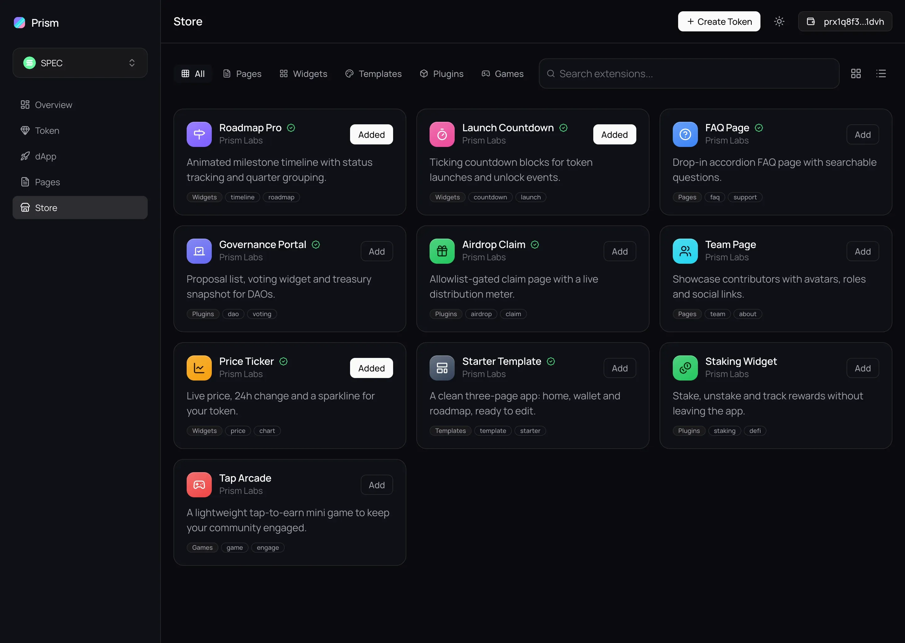 The studio store. Category tabs for pages, widgets, templates, and plugins over a grid of installable blocks such as Roadmap Pro, Launch Countdown, and a Staking Widget, each with an install button.