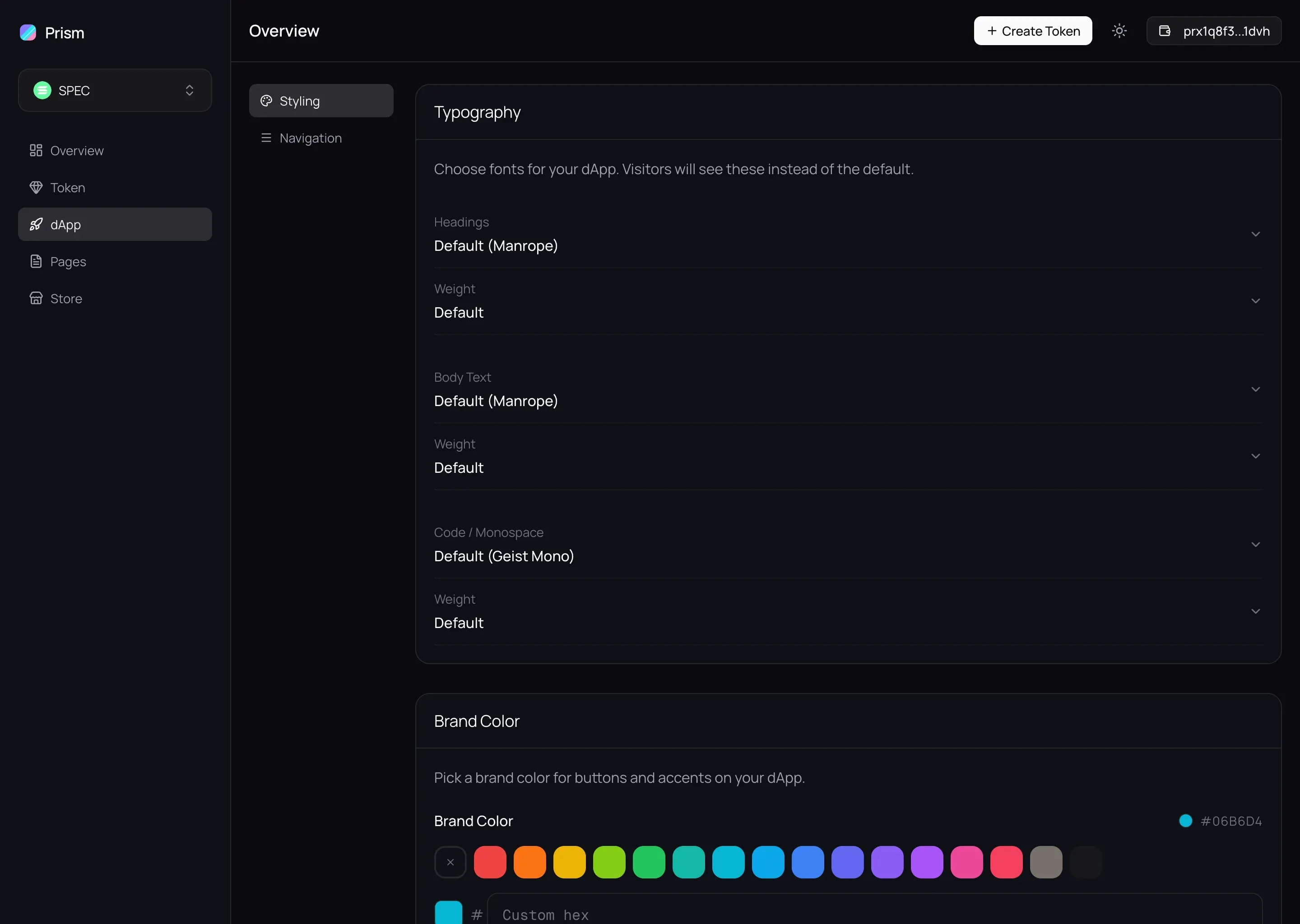 The studio styling panel. Typography controls set the heading, body, and monospace fonts (Manrope and Geist Mono), above a brand-color picker showing a grid of swatches and a custom hex field.