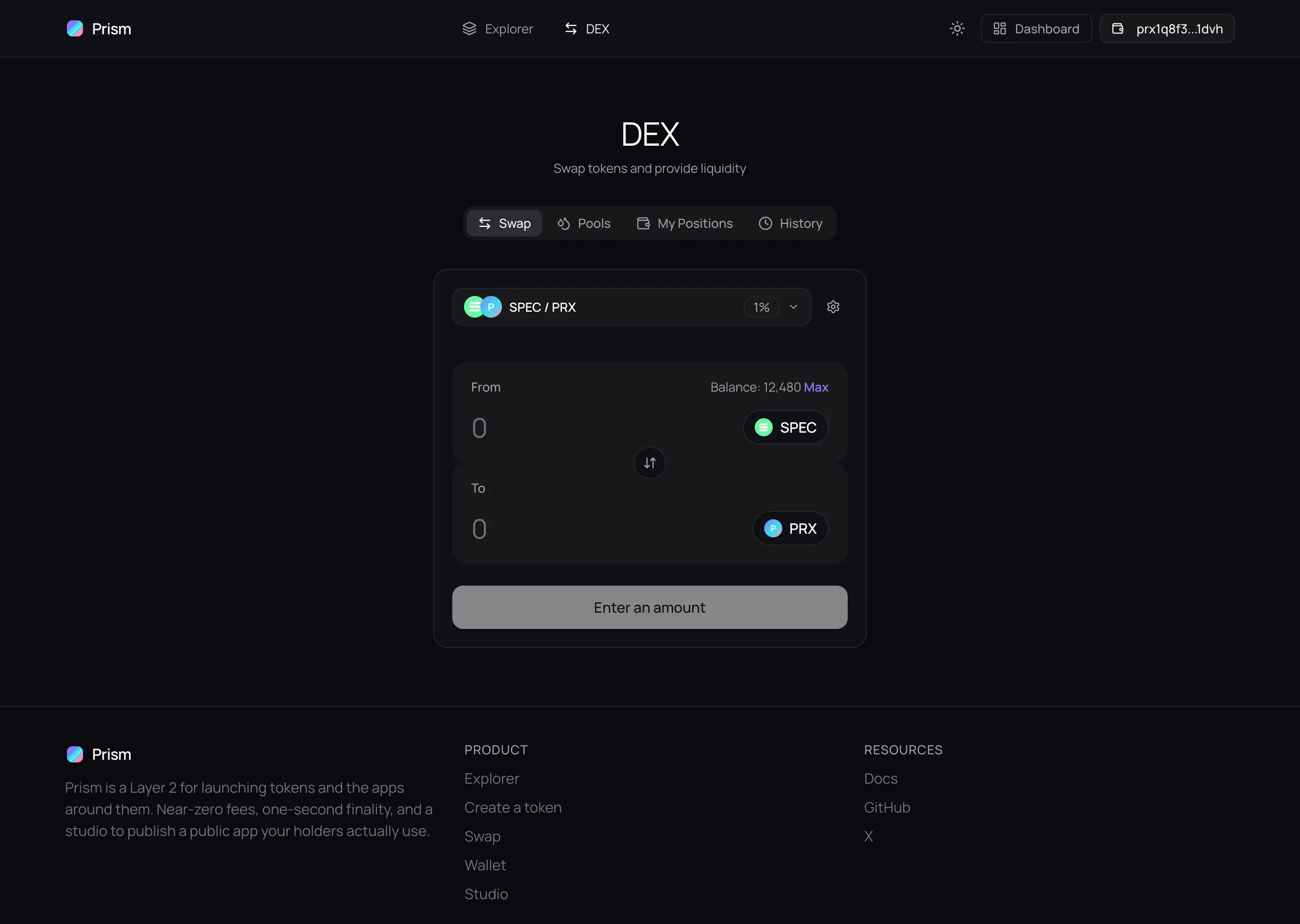 The token swap. A centered panel with a 'You pay' field of 1,000 PRX and a 'You receive' field of 227.03 SPEC, the rate, and a full-width Swap button.