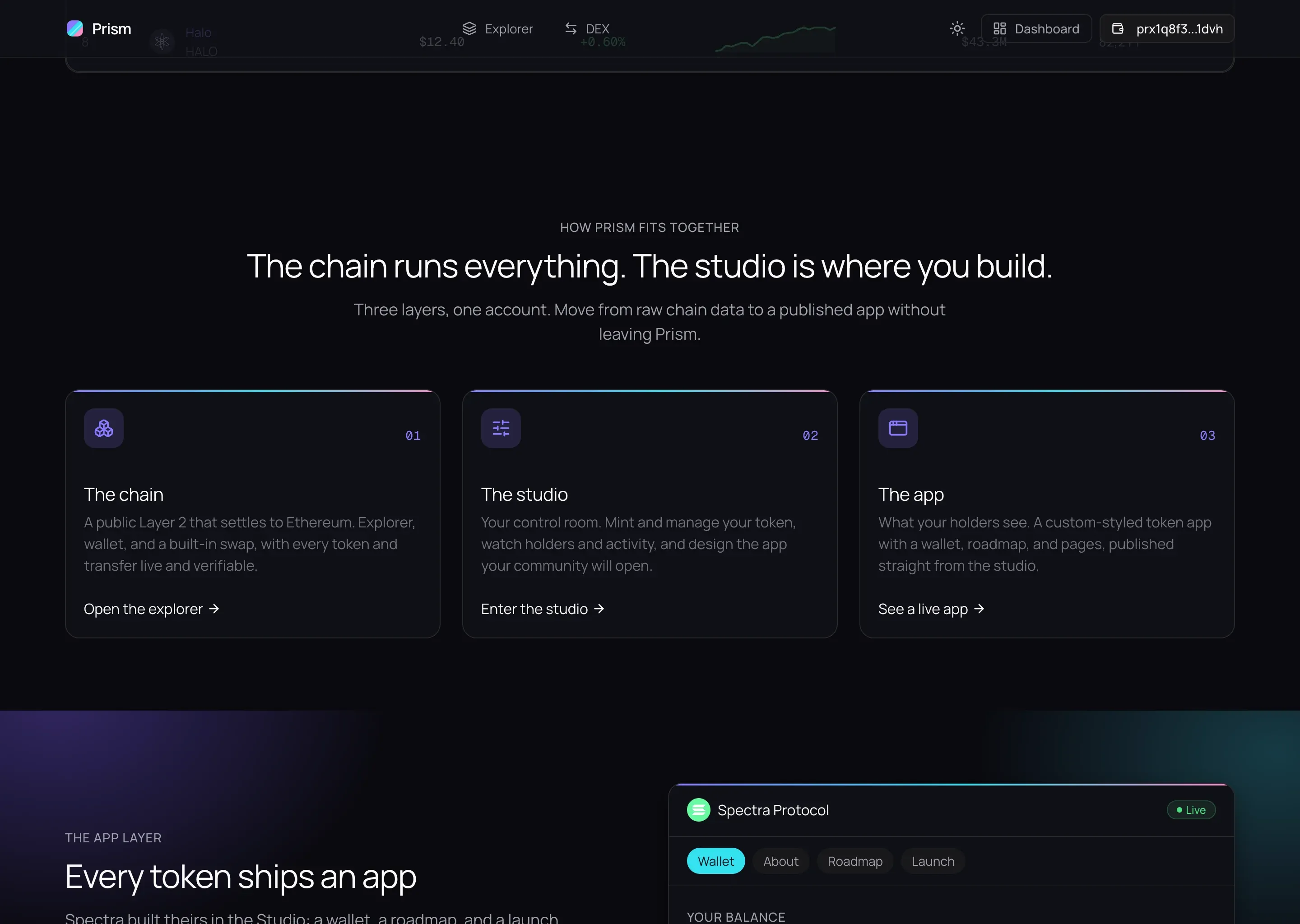 Homepage section titled 'The chain runs everything. The studio is where you build.' Three cards describe the Chain, the Studio, and the App, followed by a framed preview of a published token app.