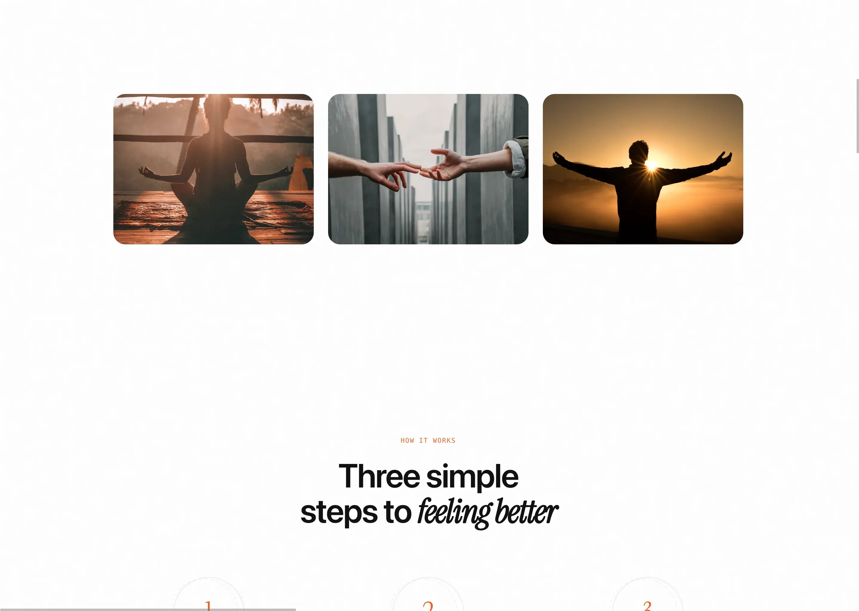 Three rounded photographs in a row (a figure meditating at sunset, two hands reaching toward one another, a person facing a sunrise with arms open) above the start of a How it works section.