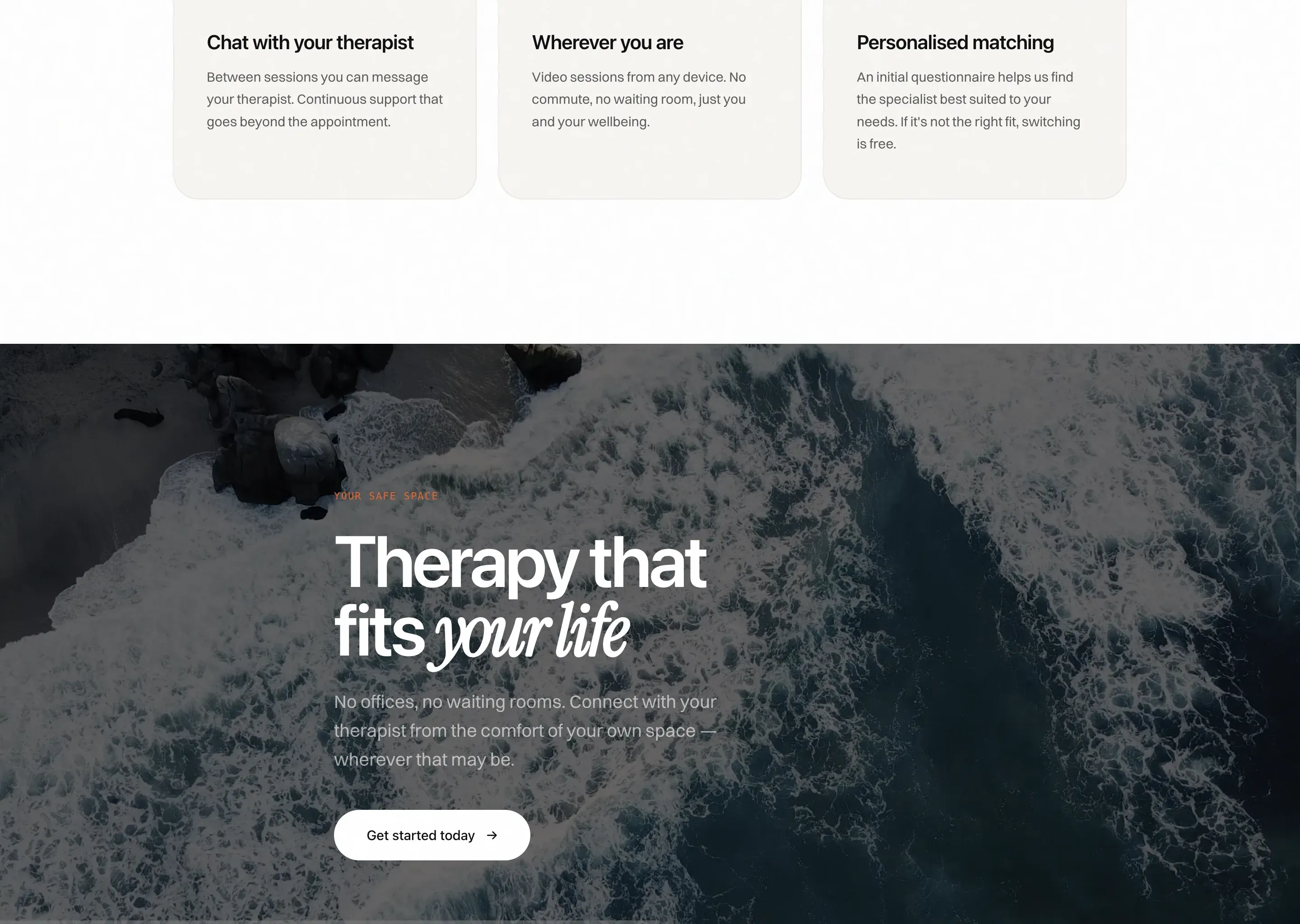 Three feature cards (Chat with your therapist, Wherever you are, Personalised matching) above a full-bleed dark band reading 'Therapy that fits your life' over an aerial video of surf, with a Get started today button.