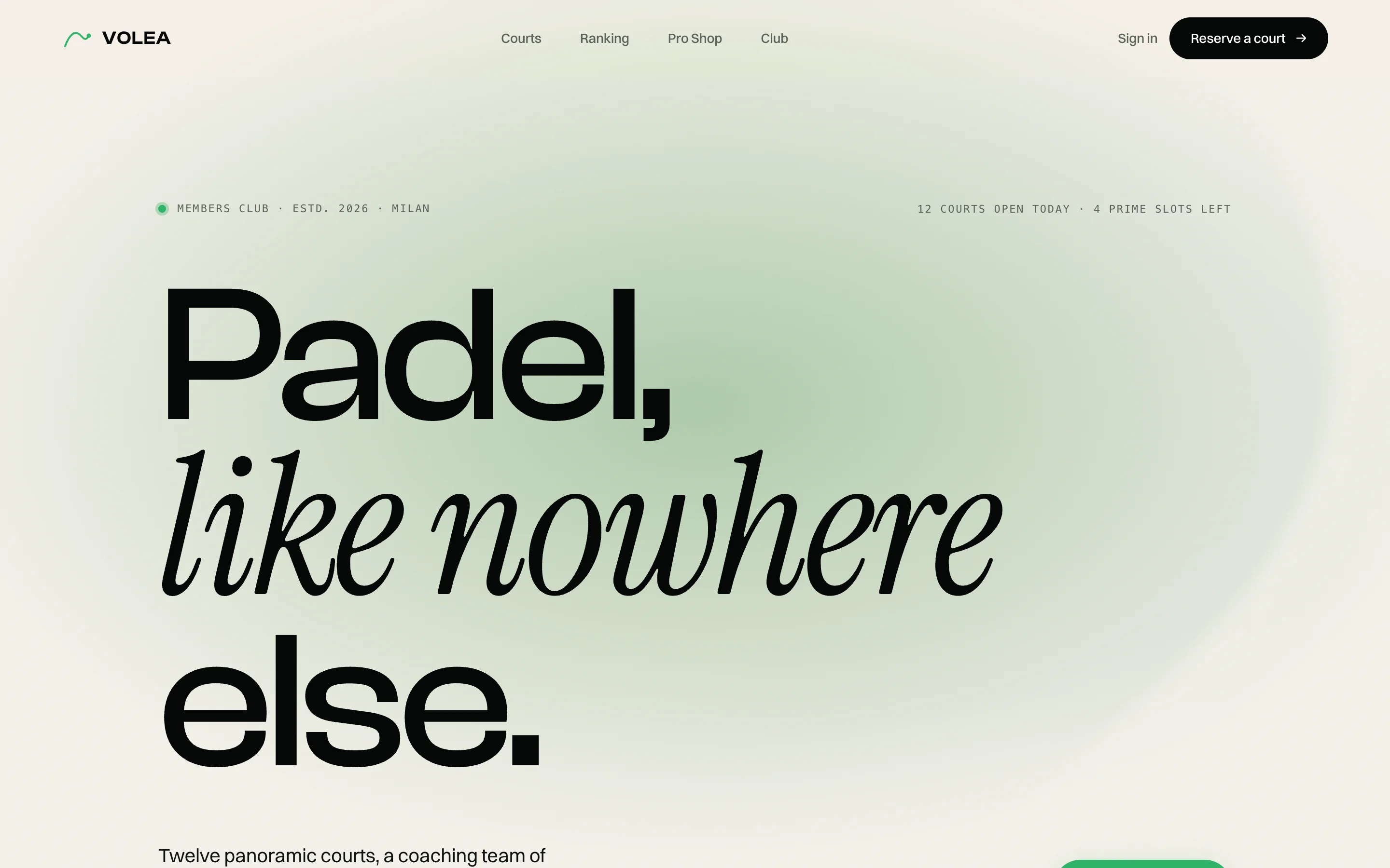 Volea. A padel club in Milan, on one page.
