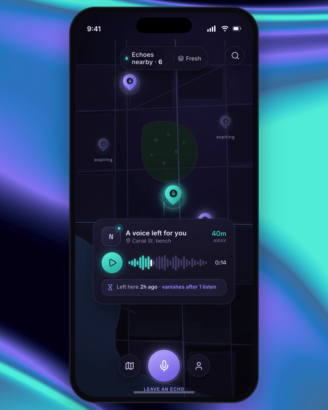 Echoes concept app: voice notes pinned to a live map
