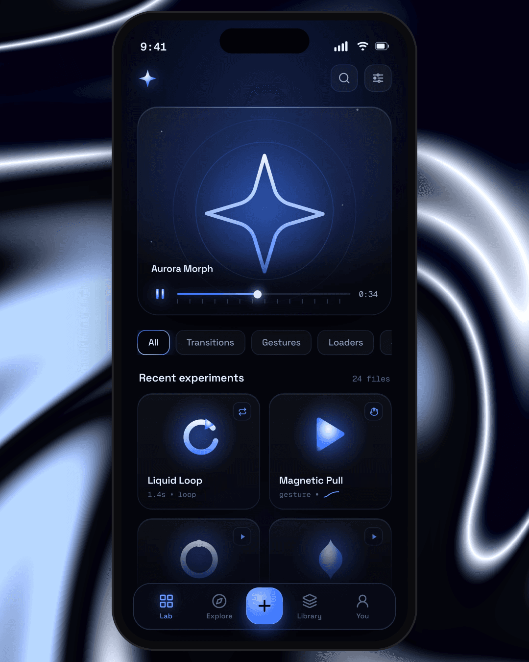 LUX motion app: a morphing star above a grid of animation experiments