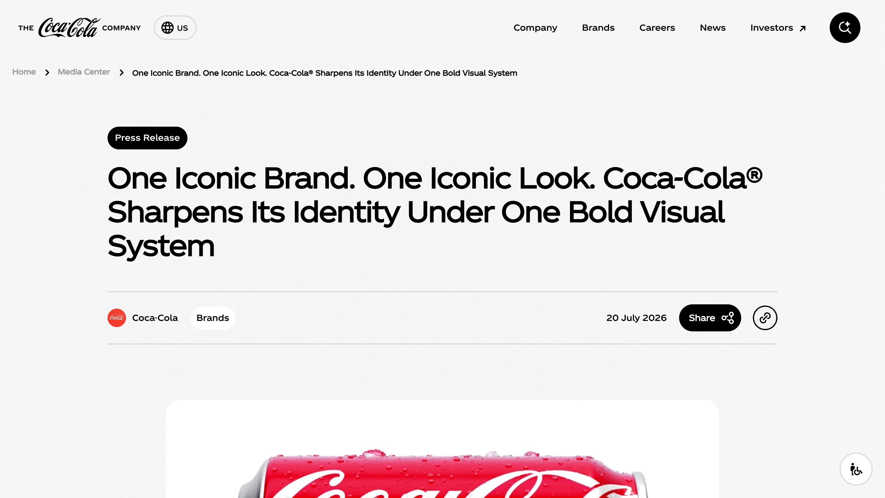 Coca-Cola media centre press release dated 20 July 2026, headline reading One Iconic Brand. One Iconic Look., with a red can below it