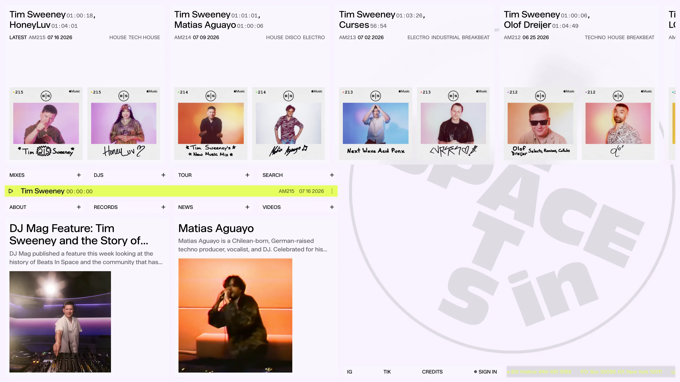 The Beats in Space home page: a row of mix cards with DJ names, durations and genre tags, a yellow player bar, and a menu of eight cells each with a plus sign