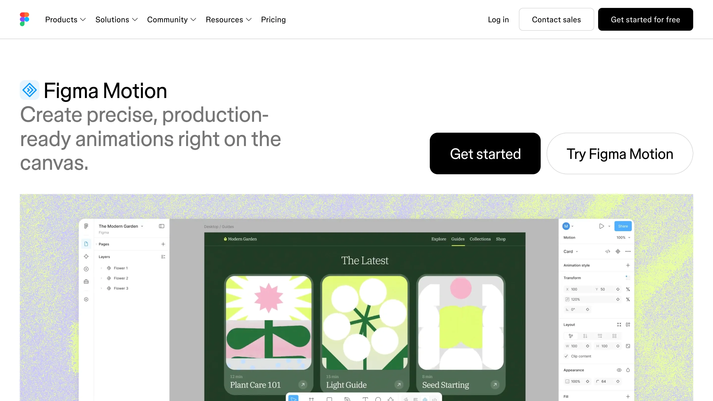 Figma Motion product page: headline reading Create precise, production-ready animations right on the canvas, with a design file open and a Motion panel on the right
