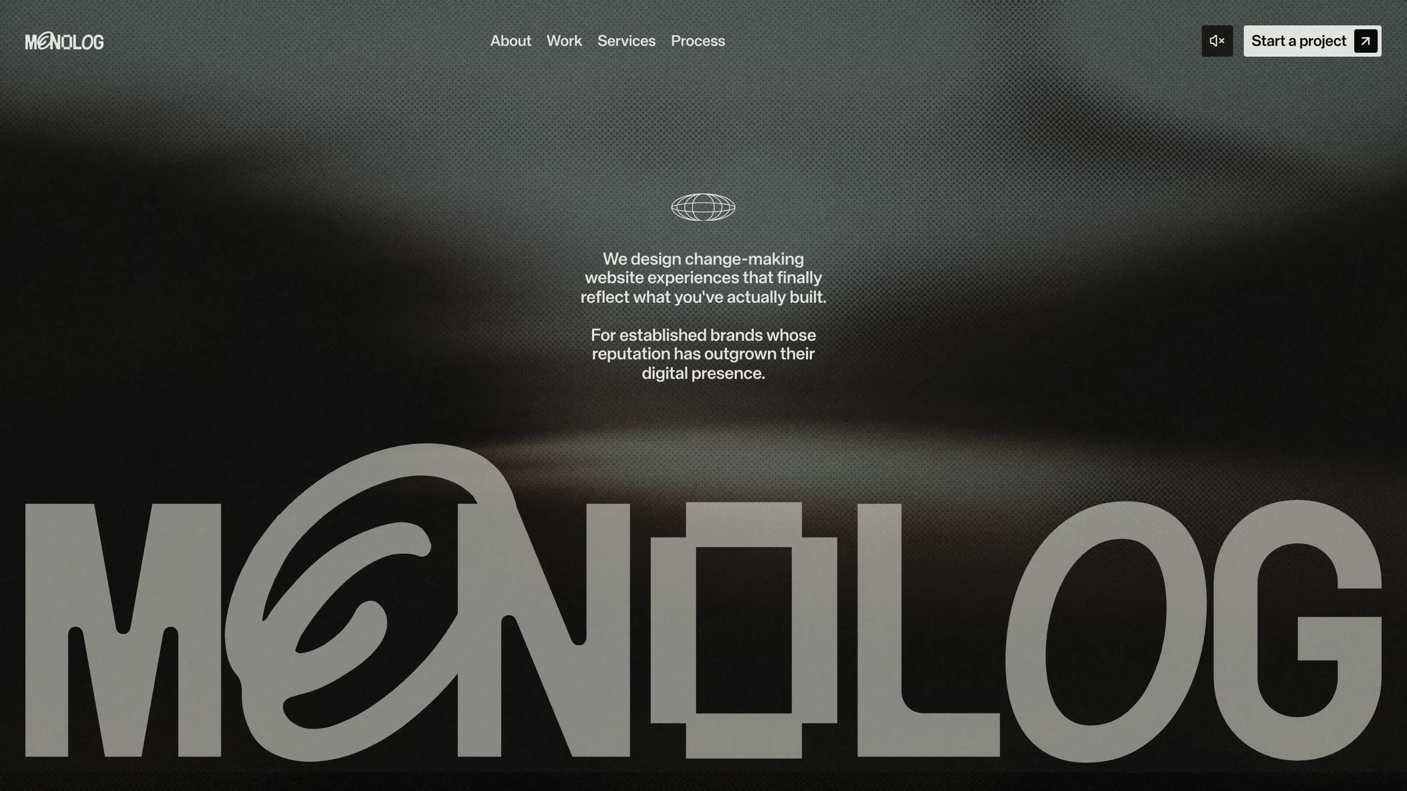 The MONOLOG home page hero: the wordmark set across the full width of a dark, blurred video, with a short positioning line centred above it in small white type